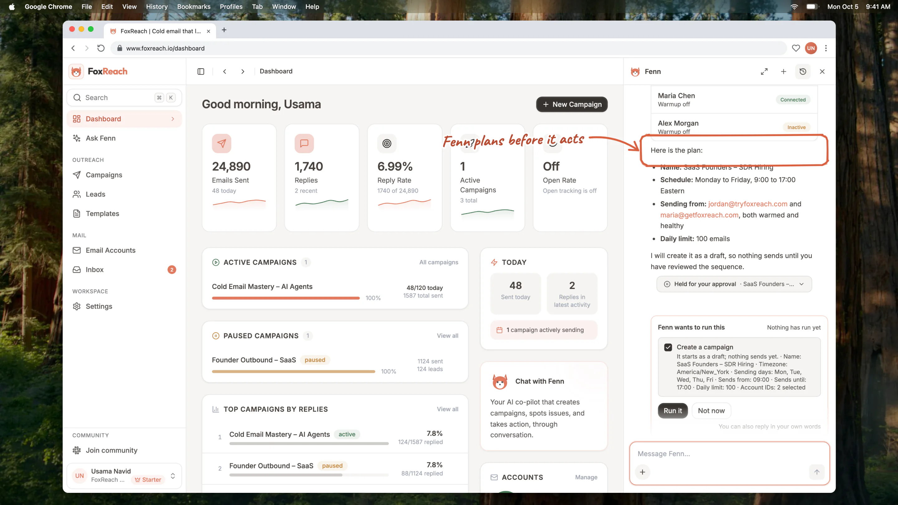 The Fenn side panel after a prompt, showing Fenn checking the workspace's email accounts and laying out the campaign plan