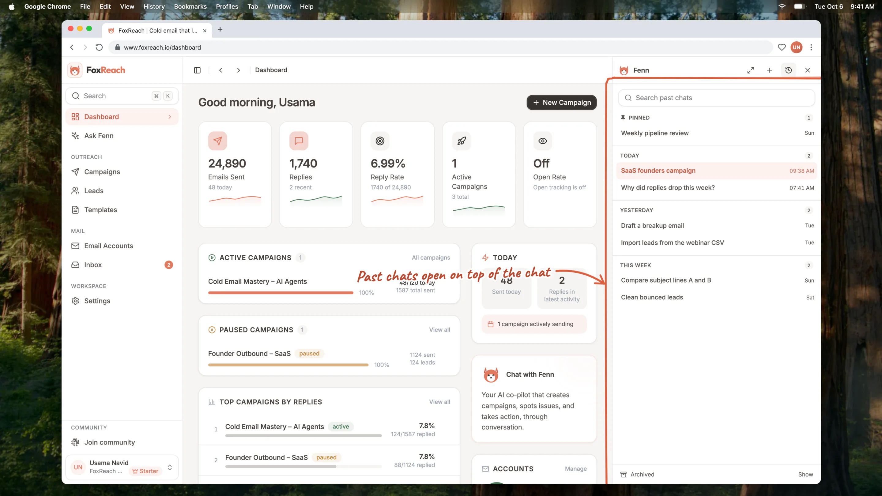 Chat history open in the Fenn side panel, on top of the conversation, with past chats grouped by Pinned, Today, Yesterday and This week