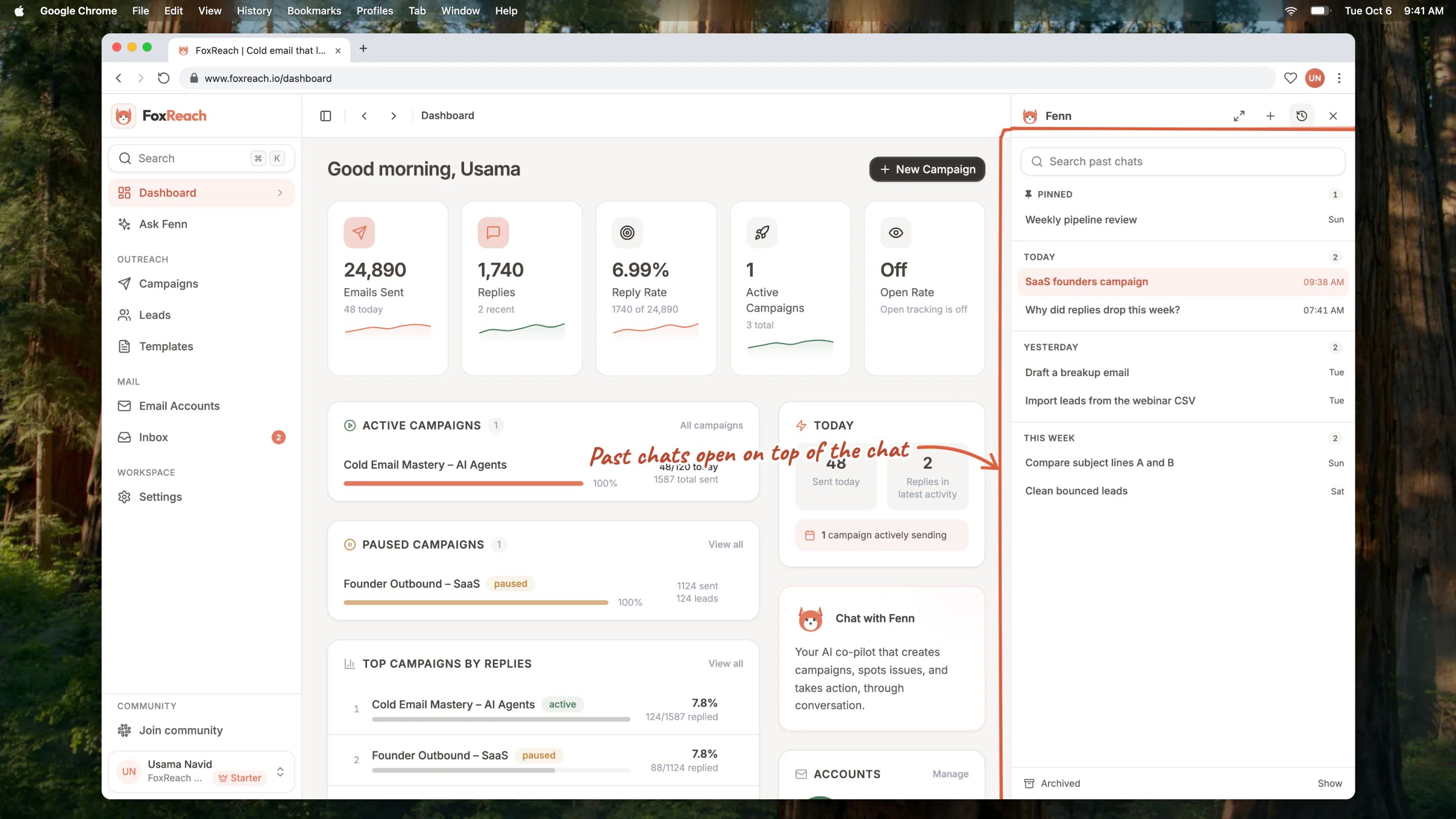 Chat history open in the Fenn side panel, on top of the conversation, with past chats grouped by Pinned, Today, Yesterday and This week