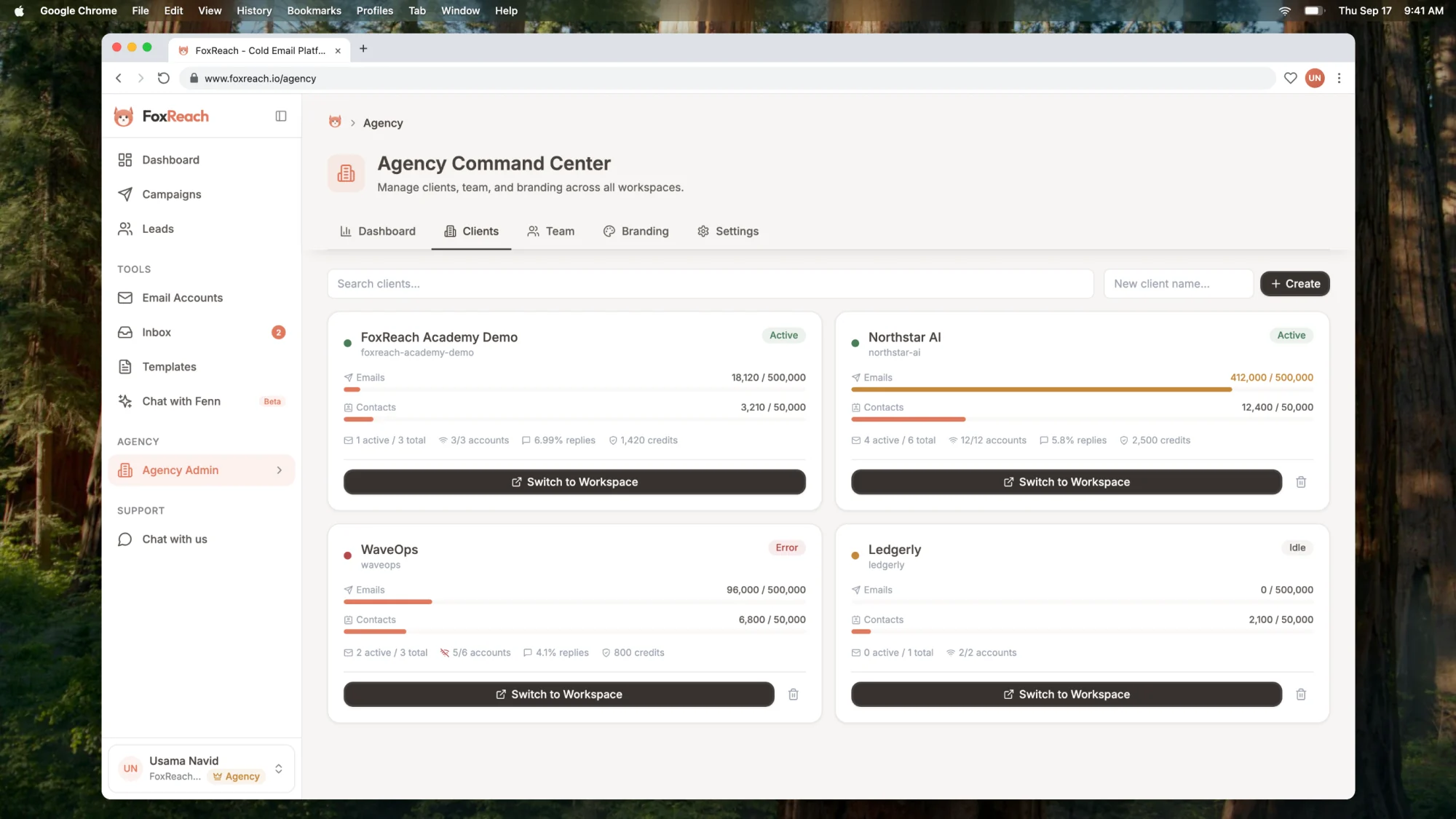 The Clients tab with one card per client workspace showing usage against limits, health and Switch to Workspace