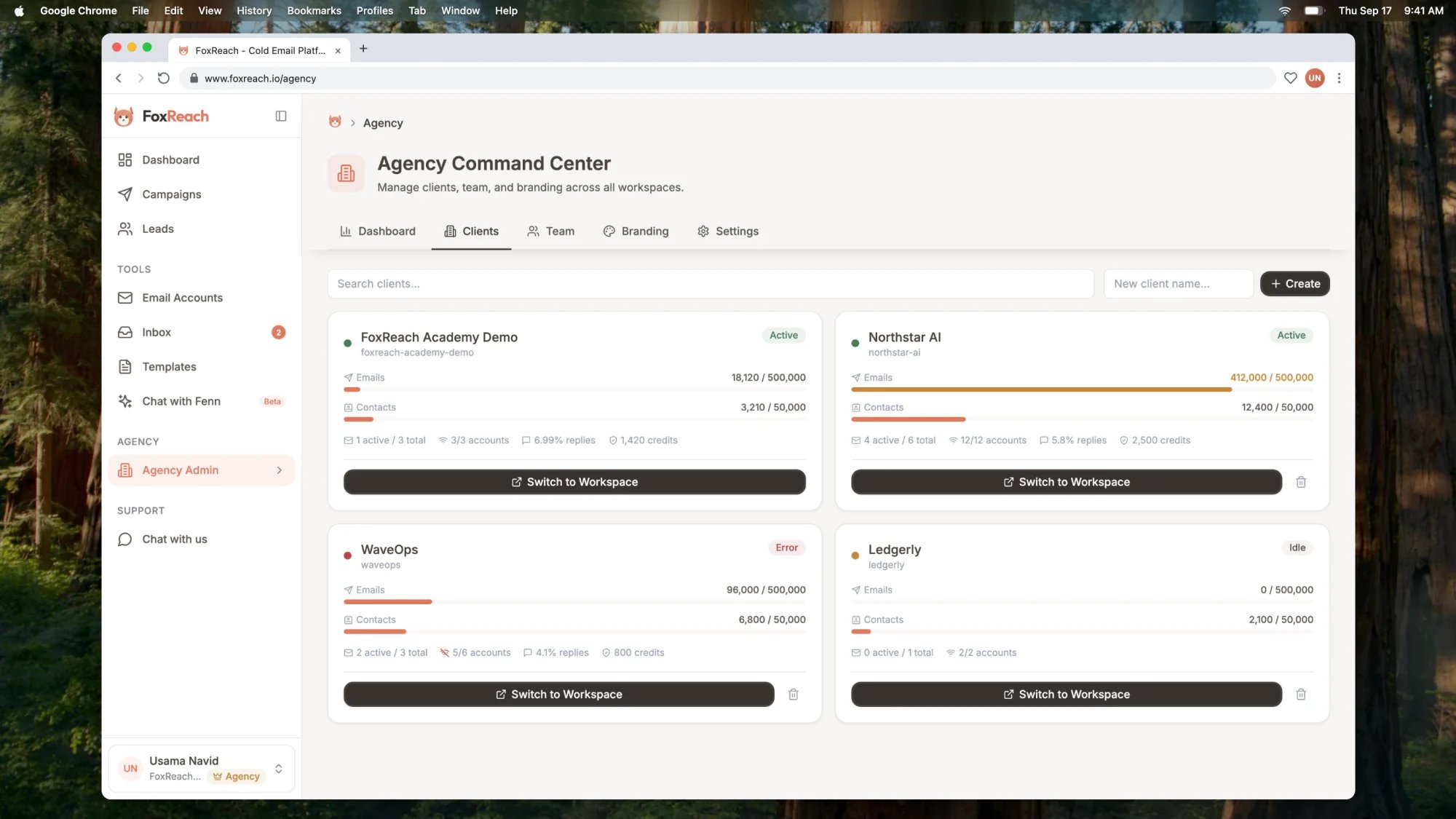 The Clients tab with one card per client workspace showing usage against limits, health and Switch to Workspace
