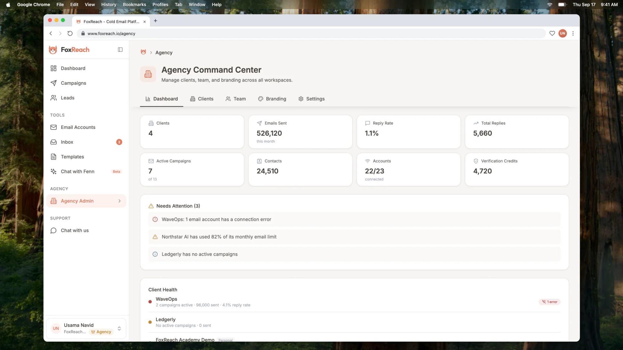 The Agency Command Center dashboard rolling up every client with the Needs Attention alerts