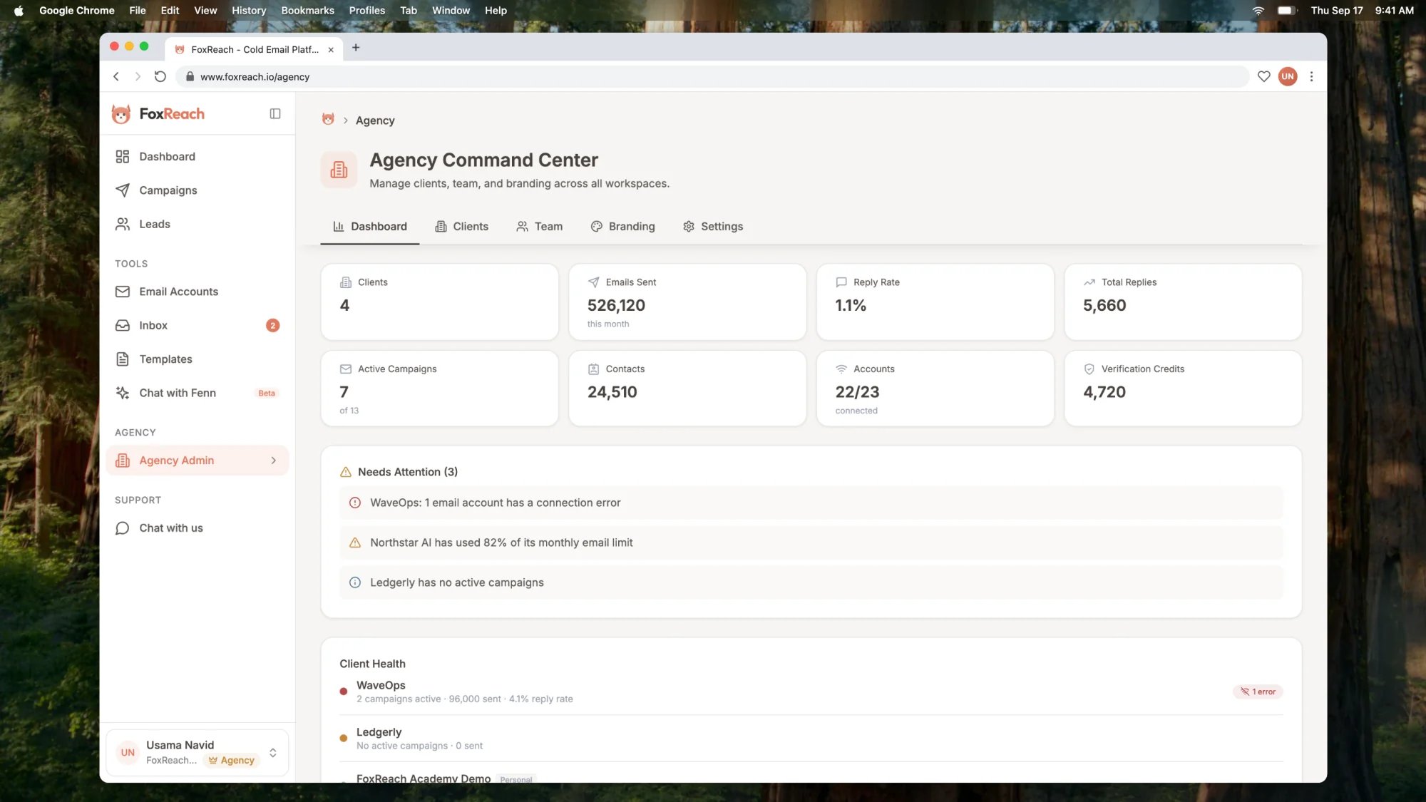 The Agency Command Center dashboard rolling up every client with the Needs Attention alerts