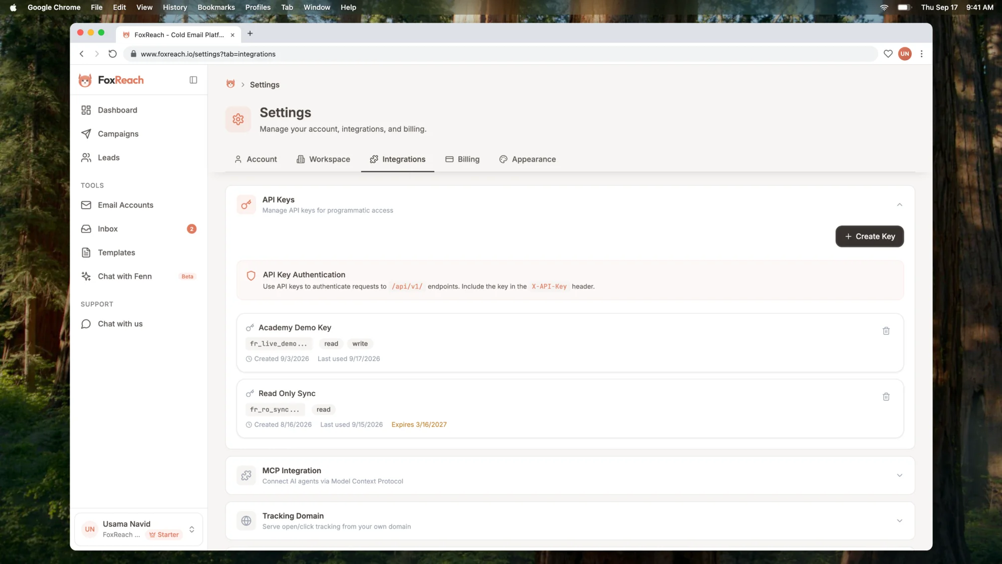 Settings > Integrations in FoxReach with the API Keys section expanded, showing the HubSpot sync key with its prefix, scopes, and created date