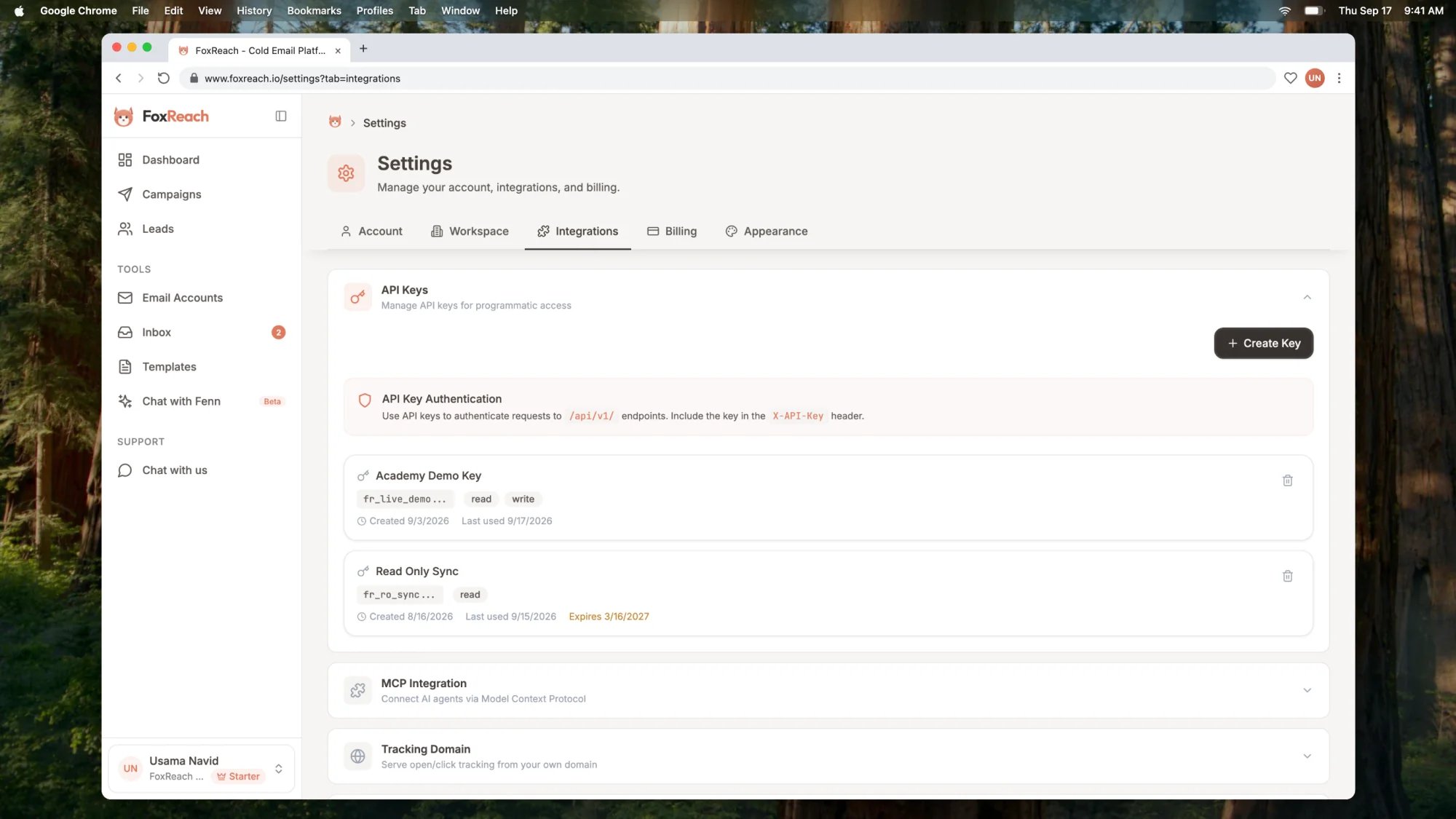 Settings > Integrations in FoxReach with the API Keys section expanded, showing the HubSpot sync key with its prefix, scopes, and created date