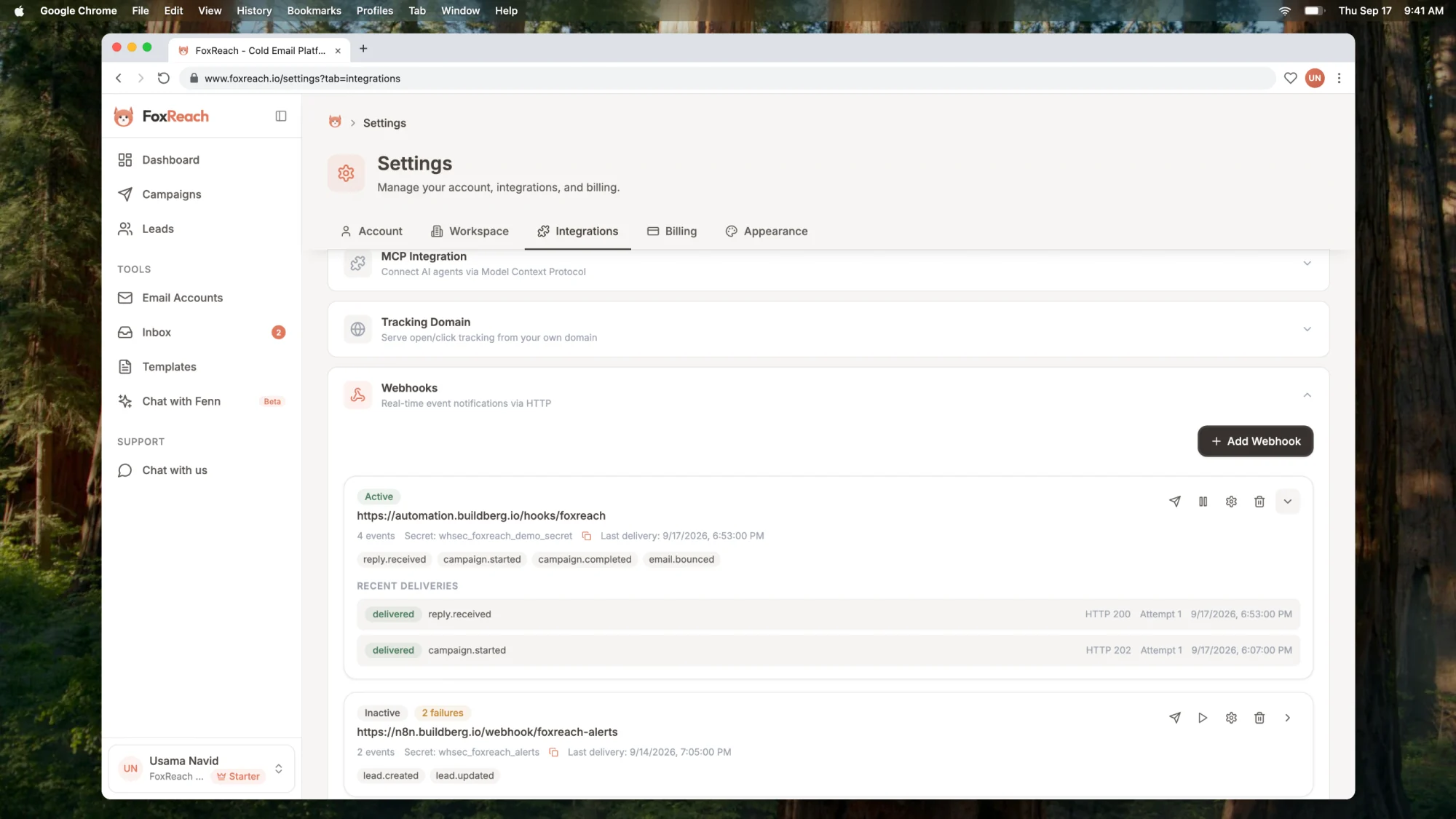 The Recent Deliveries panel for a webhook in FoxReach listing reply.received deliveries with their HTTP status codes and attempt counts