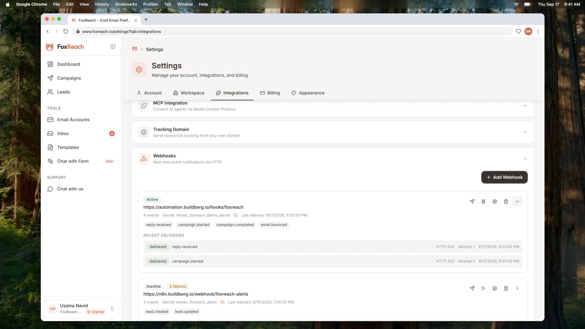 The Recent Deliveries panel for a webhook in FoxReach listing reply.received deliveries with their HTTP status codes and attempt counts