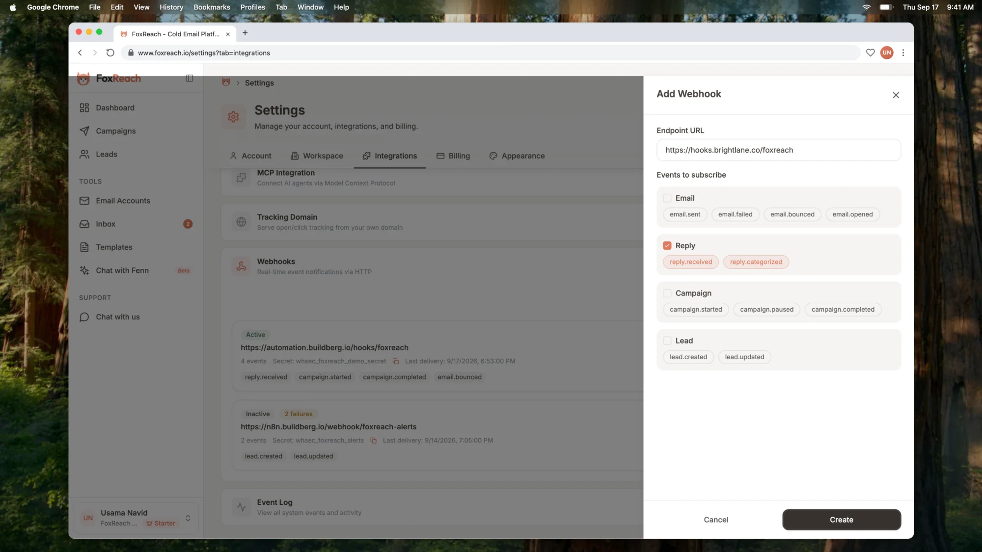 The Add Webhook sheet in FoxReach with the endpoint URL filled in and the reply.received, reply.categorized, and campaign.started events selected