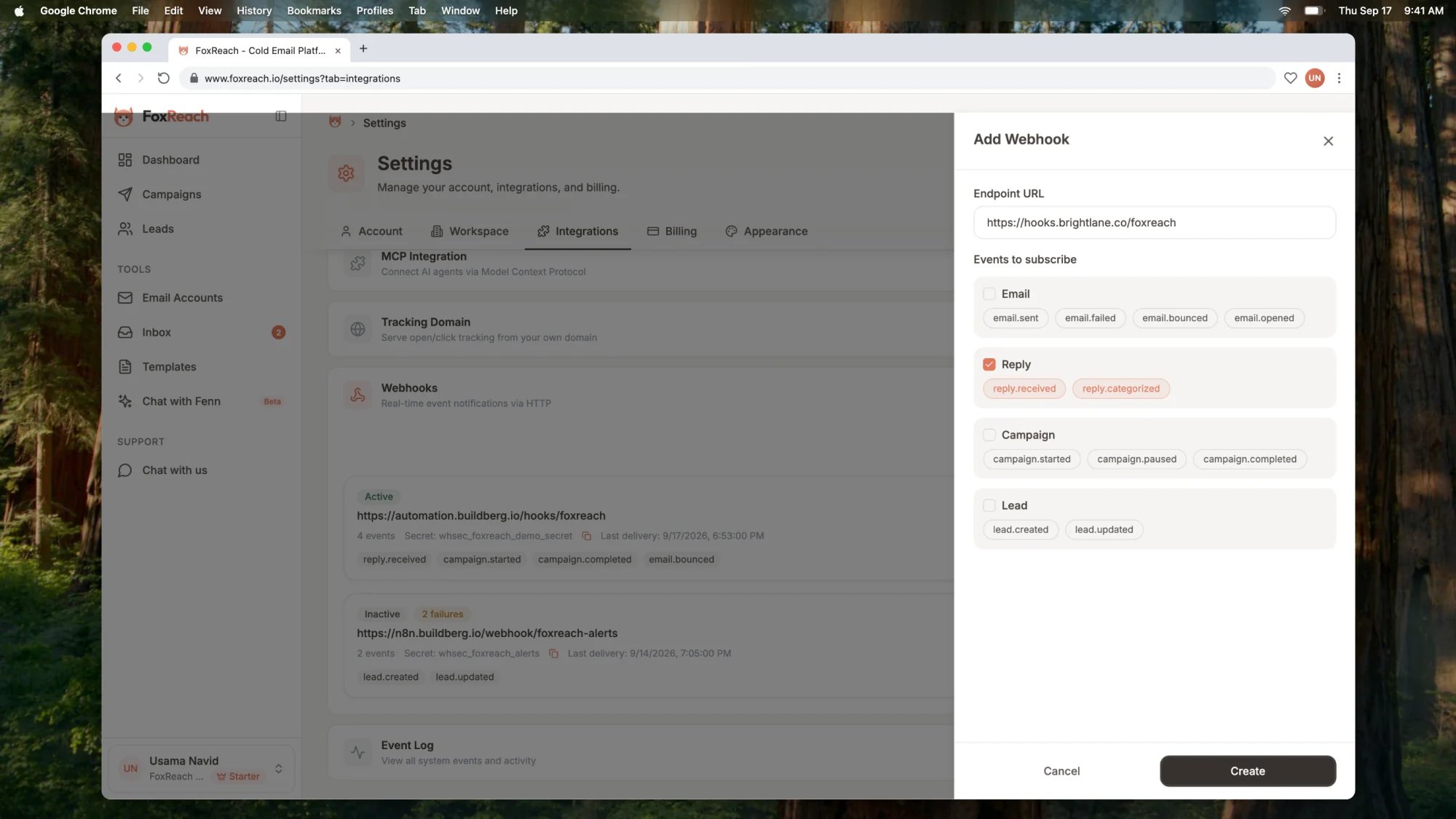 The Add Webhook sheet in FoxReach with the endpoint URL filled in and the reply.received, reply.categorized, and campaign.started events selected