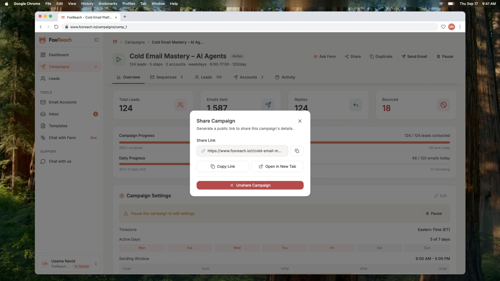 The Share Campaign dialog with the generated public report link, Copy Link and Unshare Campaign buttons