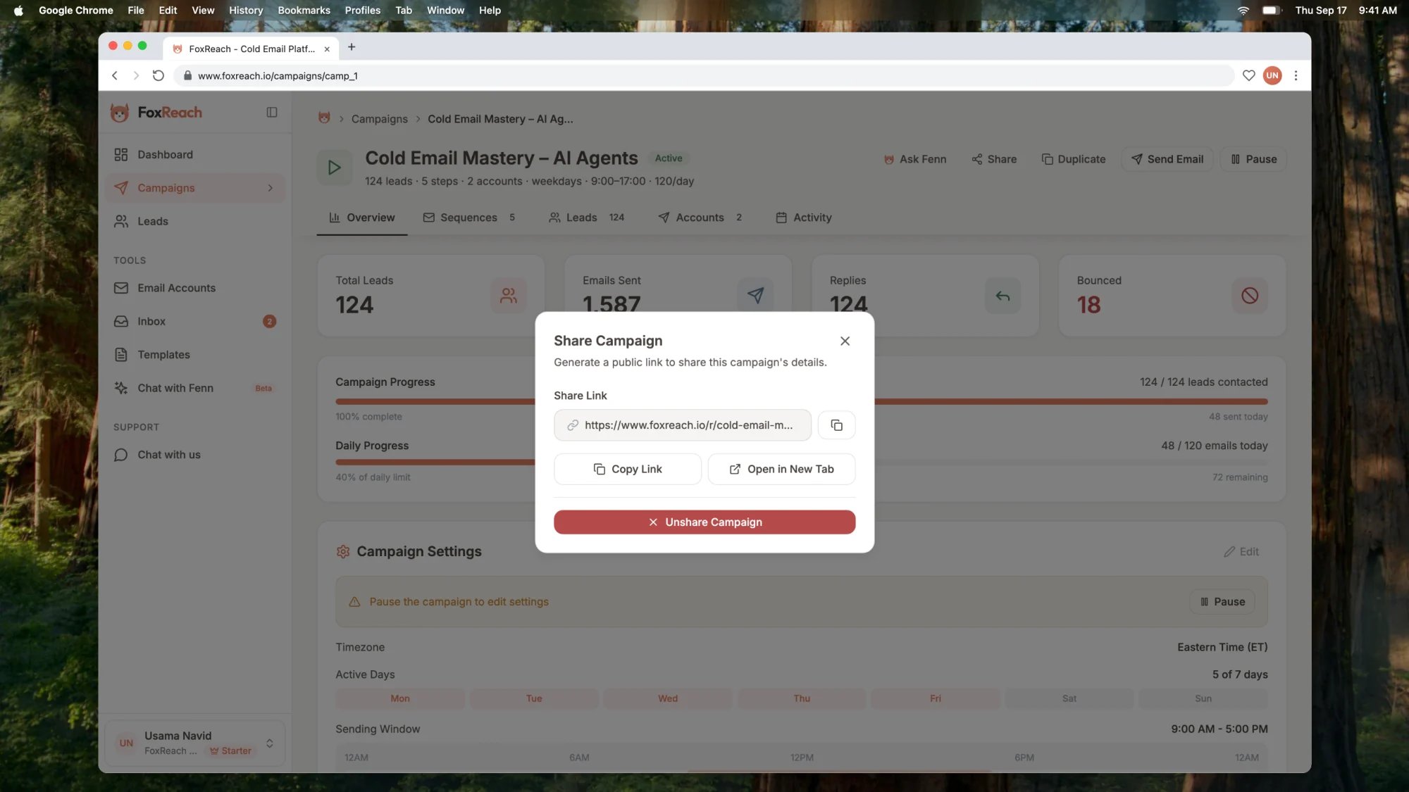 The Share Campaign dialog with the generated public report link, Copy Link and Unshare Campaign buttons