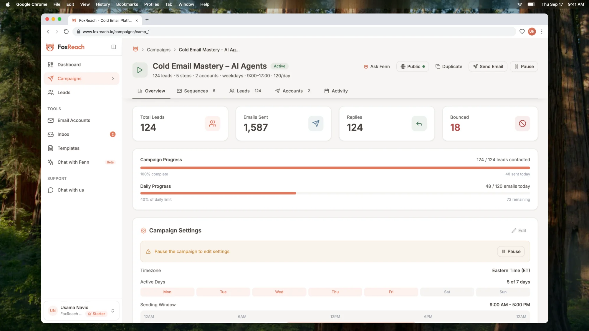 A campaign's Overview tab with Total Leads, Emails Sent, Replies and Bounced, plus Campaign Progress and Daily Progress bars