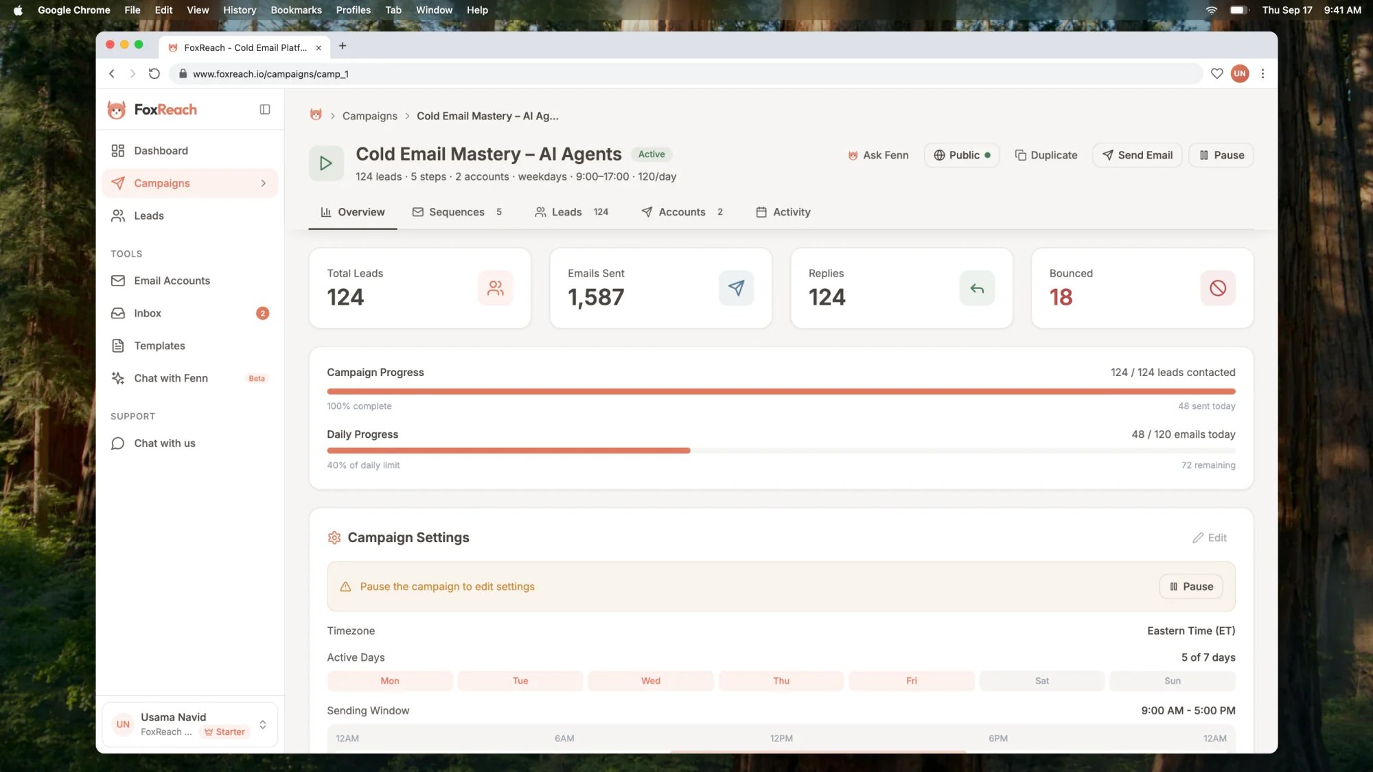 A campaign's Overview tab with Total Leads, Emails Sent, Replies and Bounced, plus Campaign Progress and Daily Progress bars