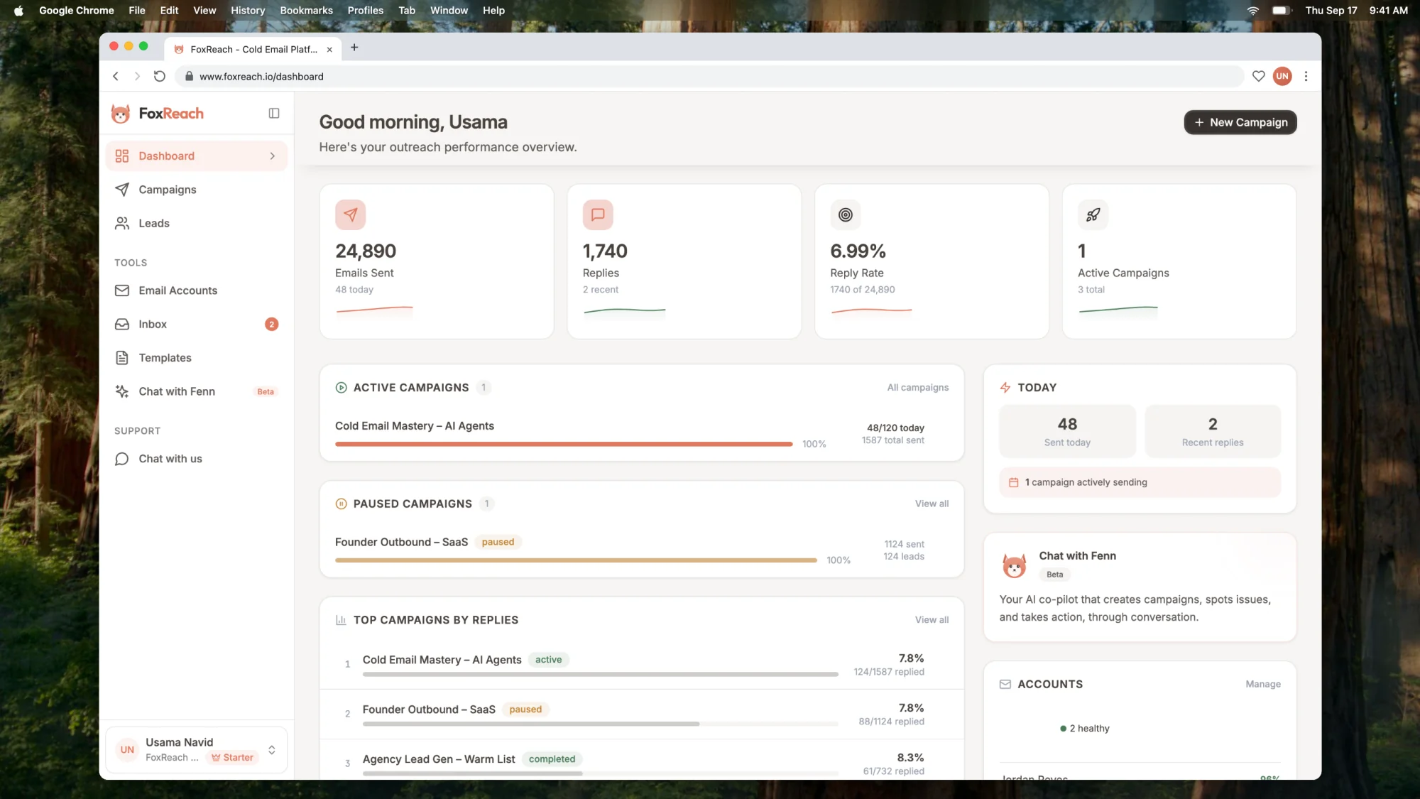 The FoxReach Dashboard showing Emails Sent, Replies, Reply Rate and Active Campaigns, the Top Campaigns by Replies leaderboard and the Recent Activity feed