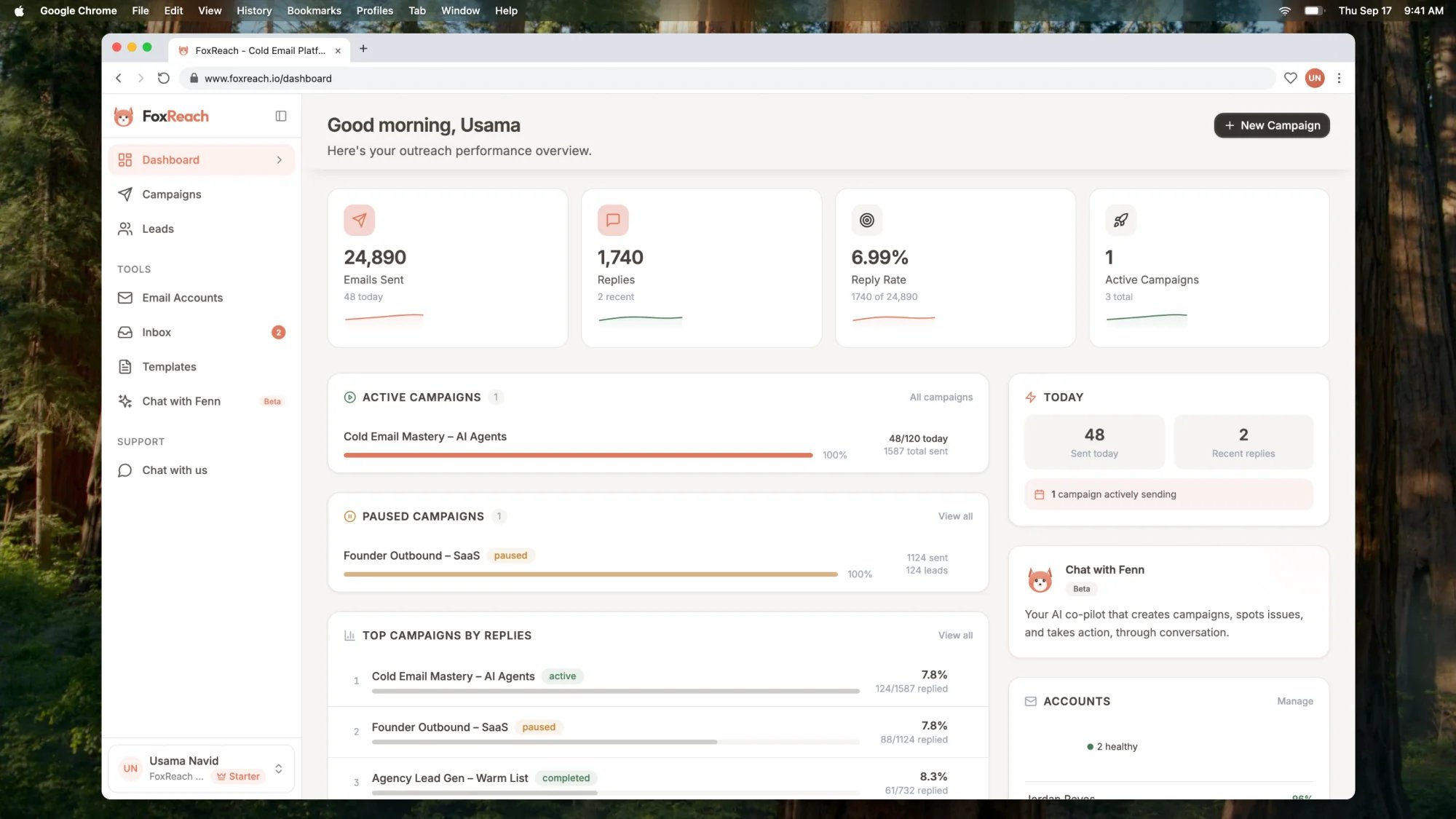 The FoxReach Dashboard showing Emails Sent, Replies, Reply Rate and Active Campaigns, the Top Campaigns by Replies leaderboard and the Recent Activity feed
