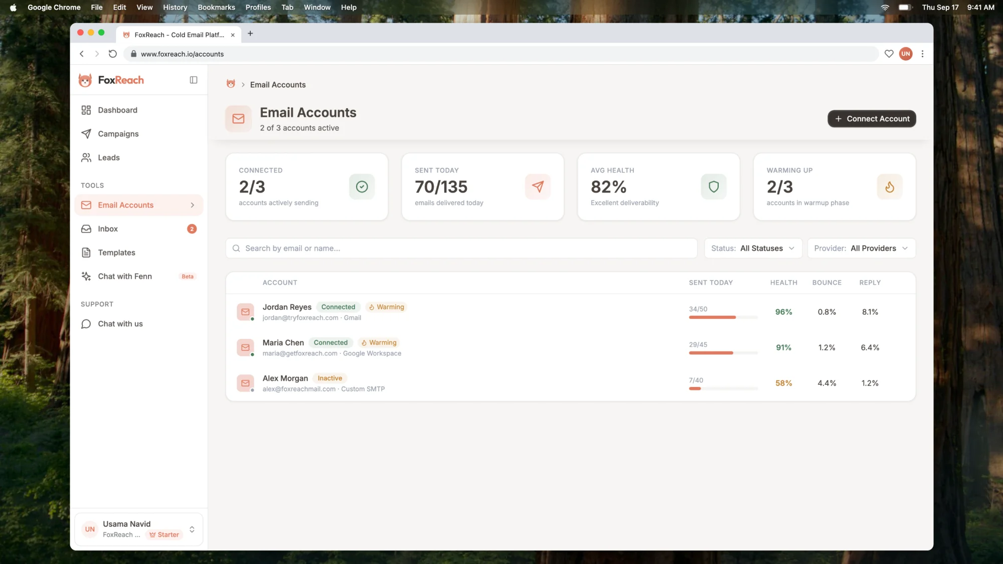The Email Accounts page listing three connected inboxes with health scores, daily limits and sent-today counters