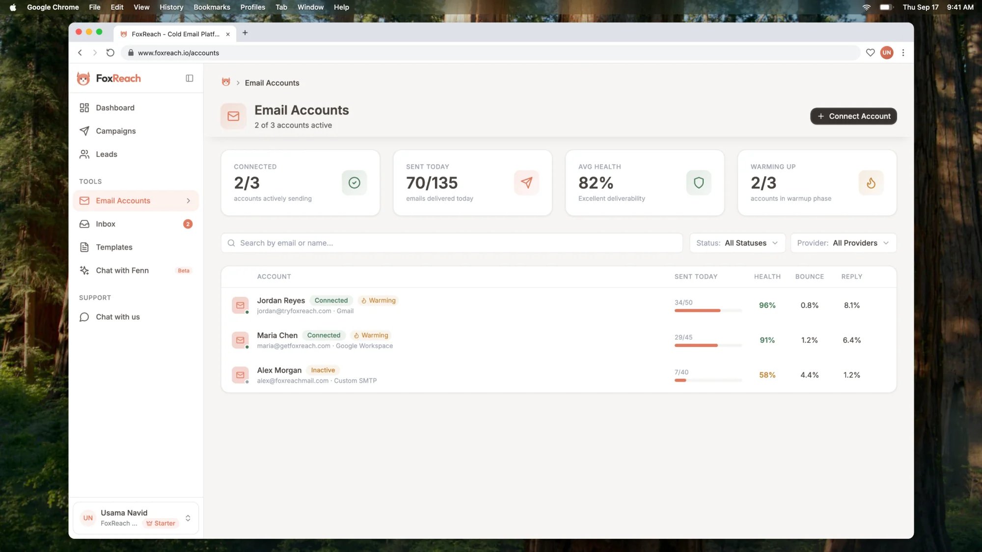 The Email Accounts page listing three connected inboxes with health scores, daily limits and sent-today counters