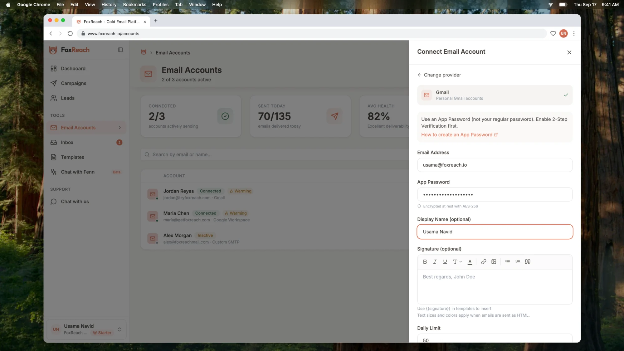 The Connect Email Account dialog with Gmail selected, showing the address, app password and display name fields and the Test Connection button