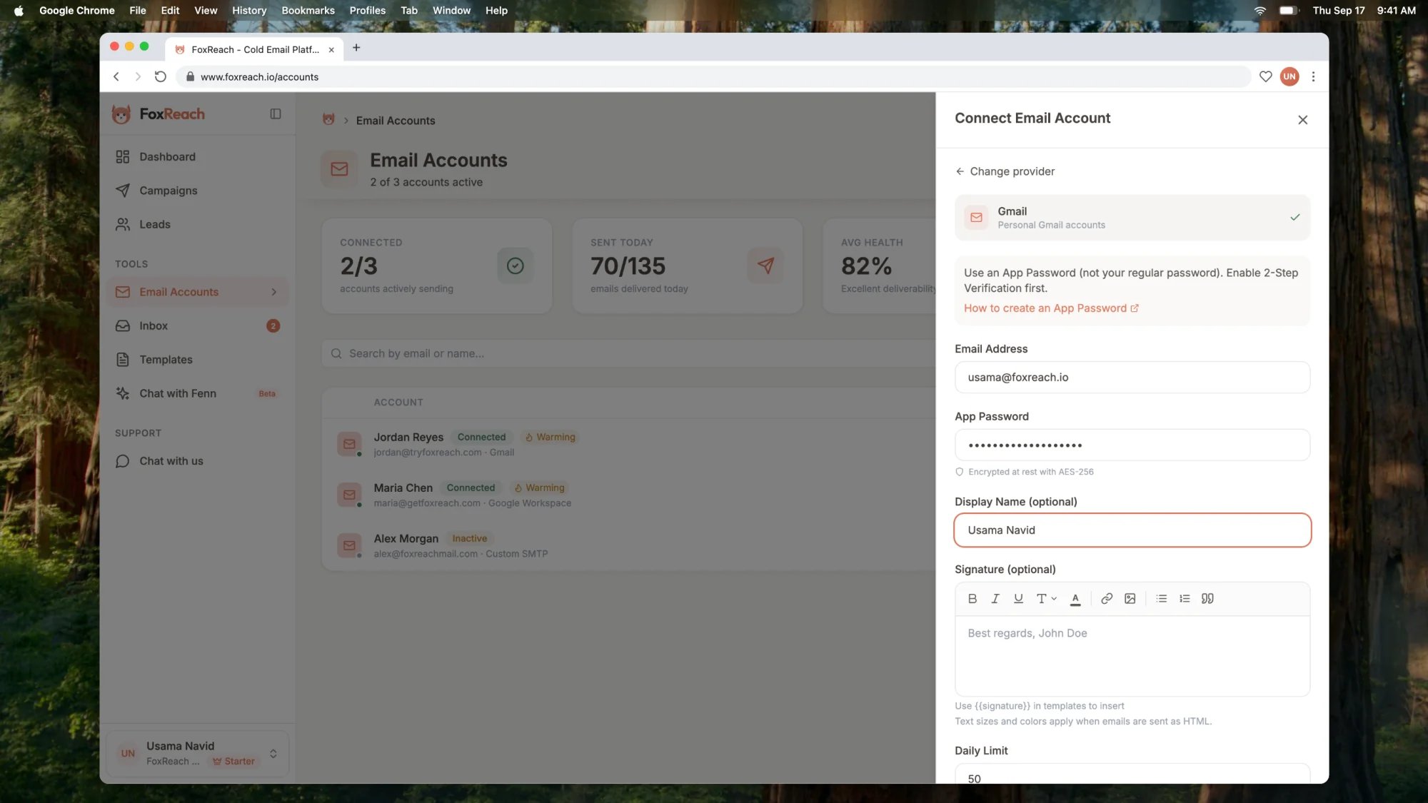 The Connect Email Account dialog with Gmail selected, showing the address, app password and display name fields and the Test Connection button