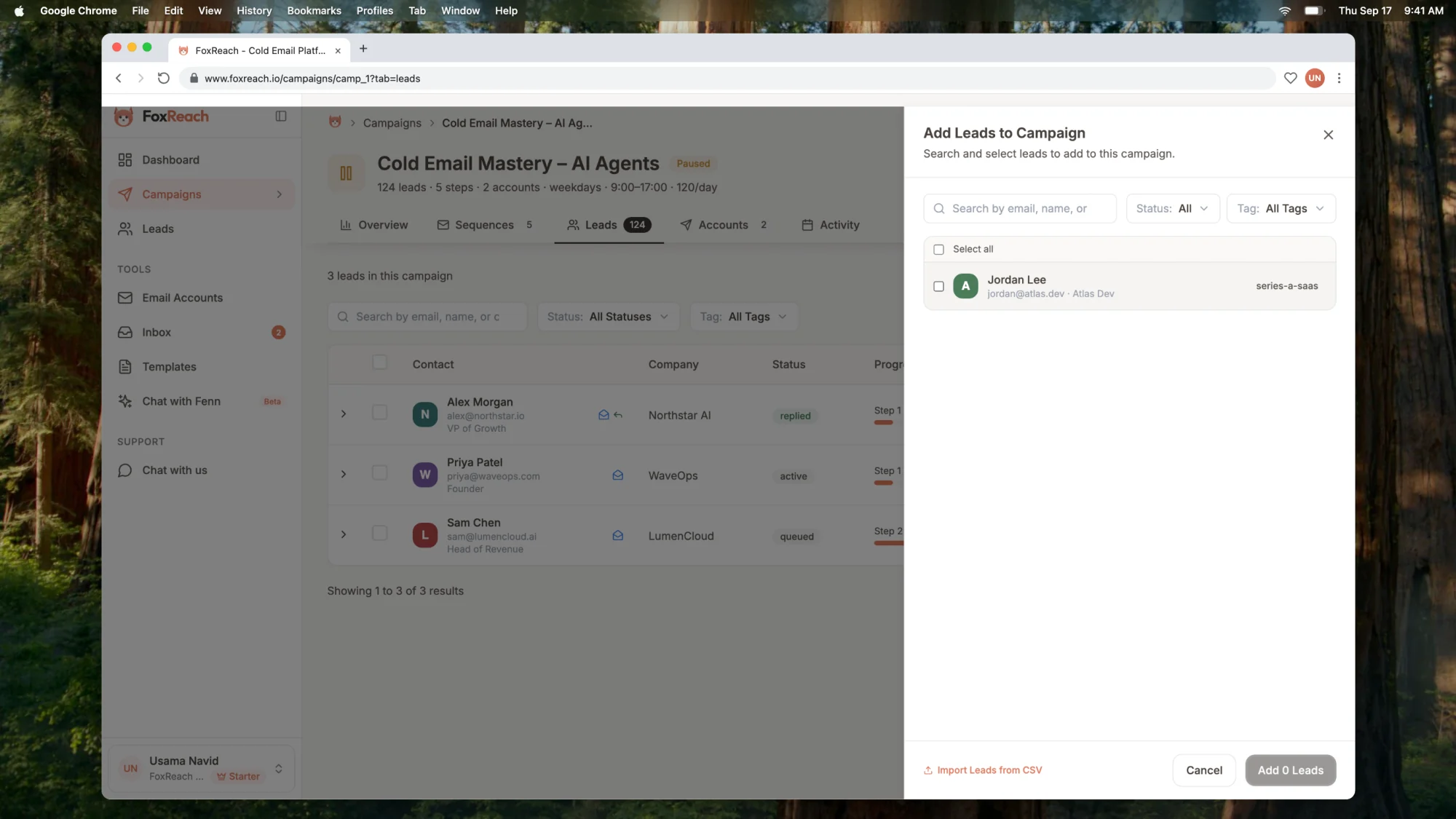 The Add Leads to Campaign panel with the search box, tag filter and the select all checkbox above the lead list
