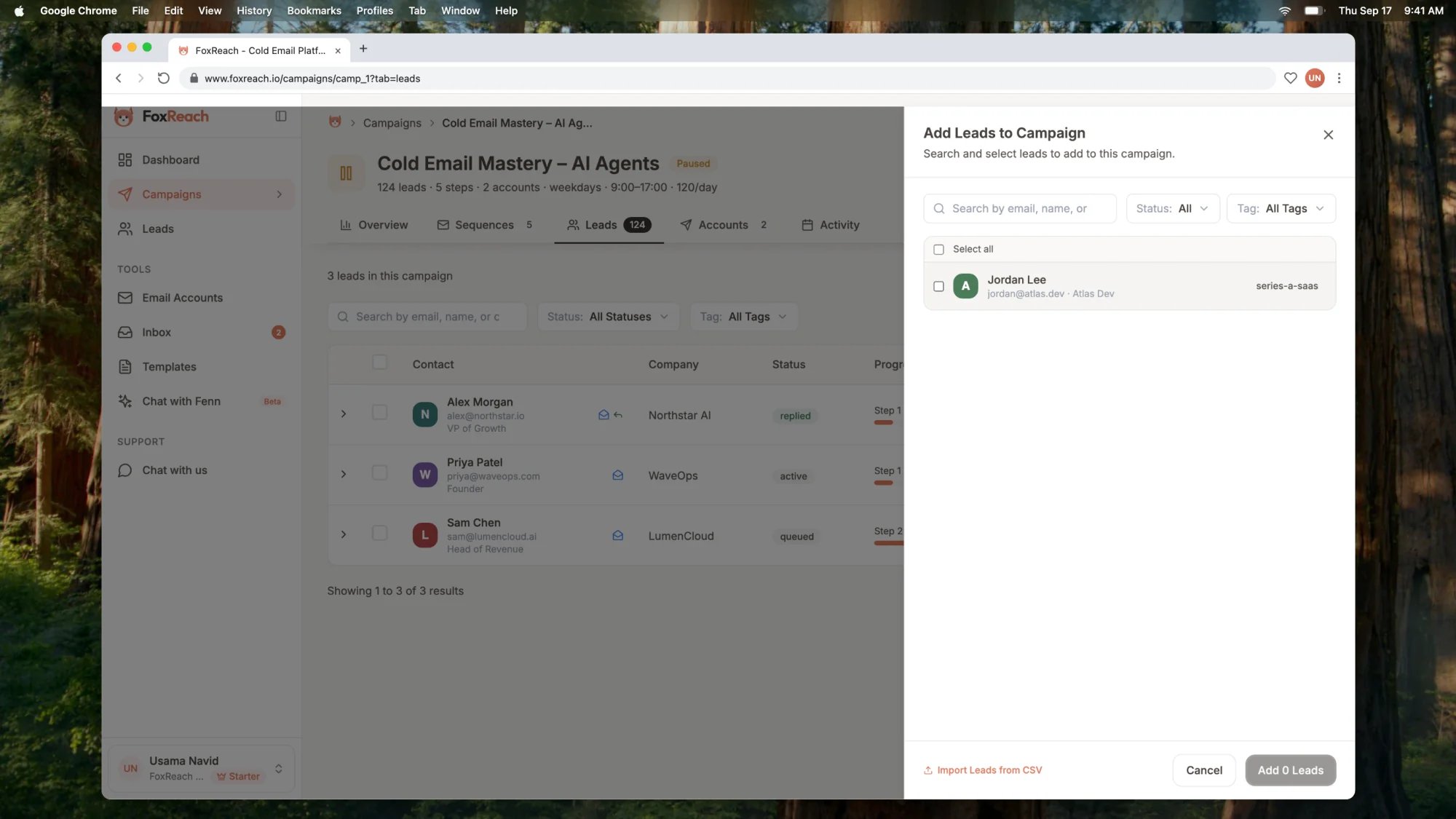 The Add Leads to Campaign panel with the search box, tag filter and the select all checkbox above the lead list