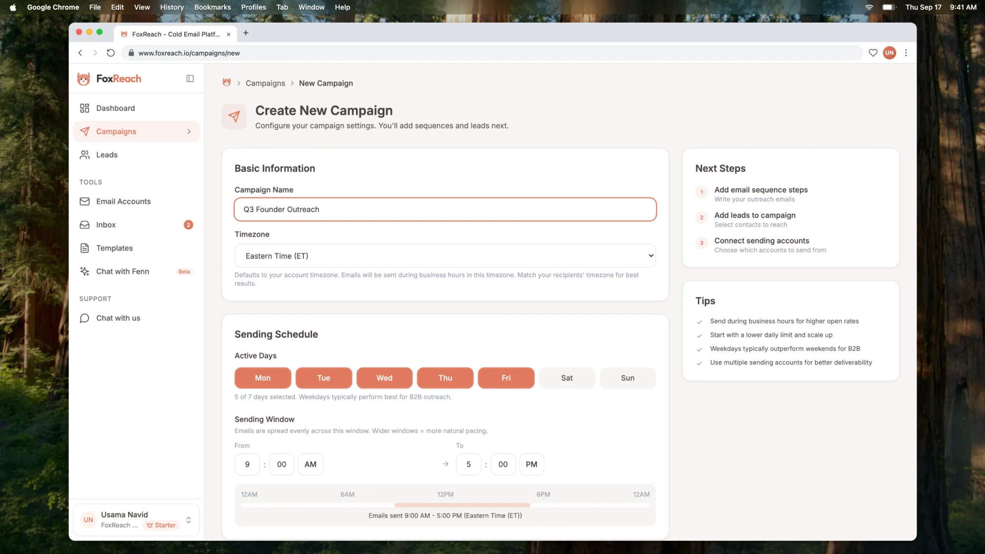 The Create New Campaign form in FoxReach with the campaign name, timezone, active days, sending window, sending accounts and daily send limit