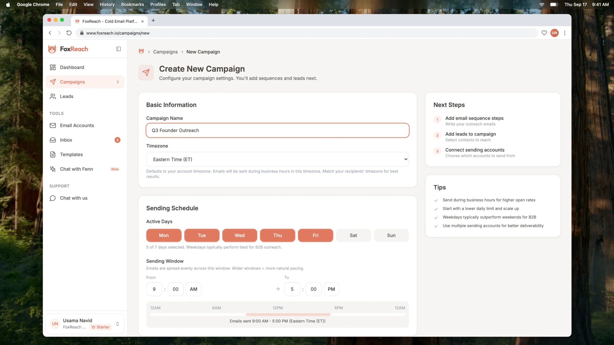 The Create New Campaign form in FoxReach with the campaign name, timezone, active days, sending window, sending accounts and daily send limit