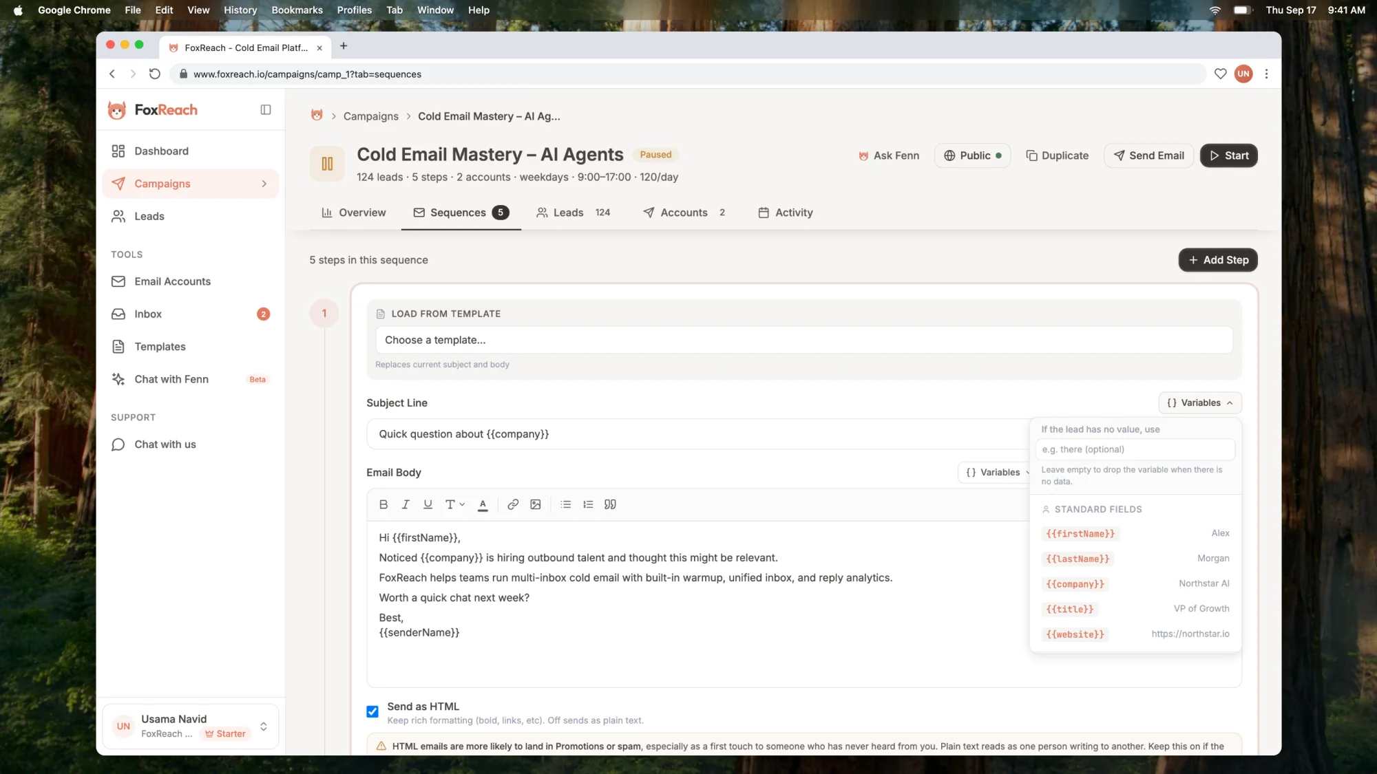 The sequence step editor with the Variables menu open above the subject line, listing standard, custom and account fields
