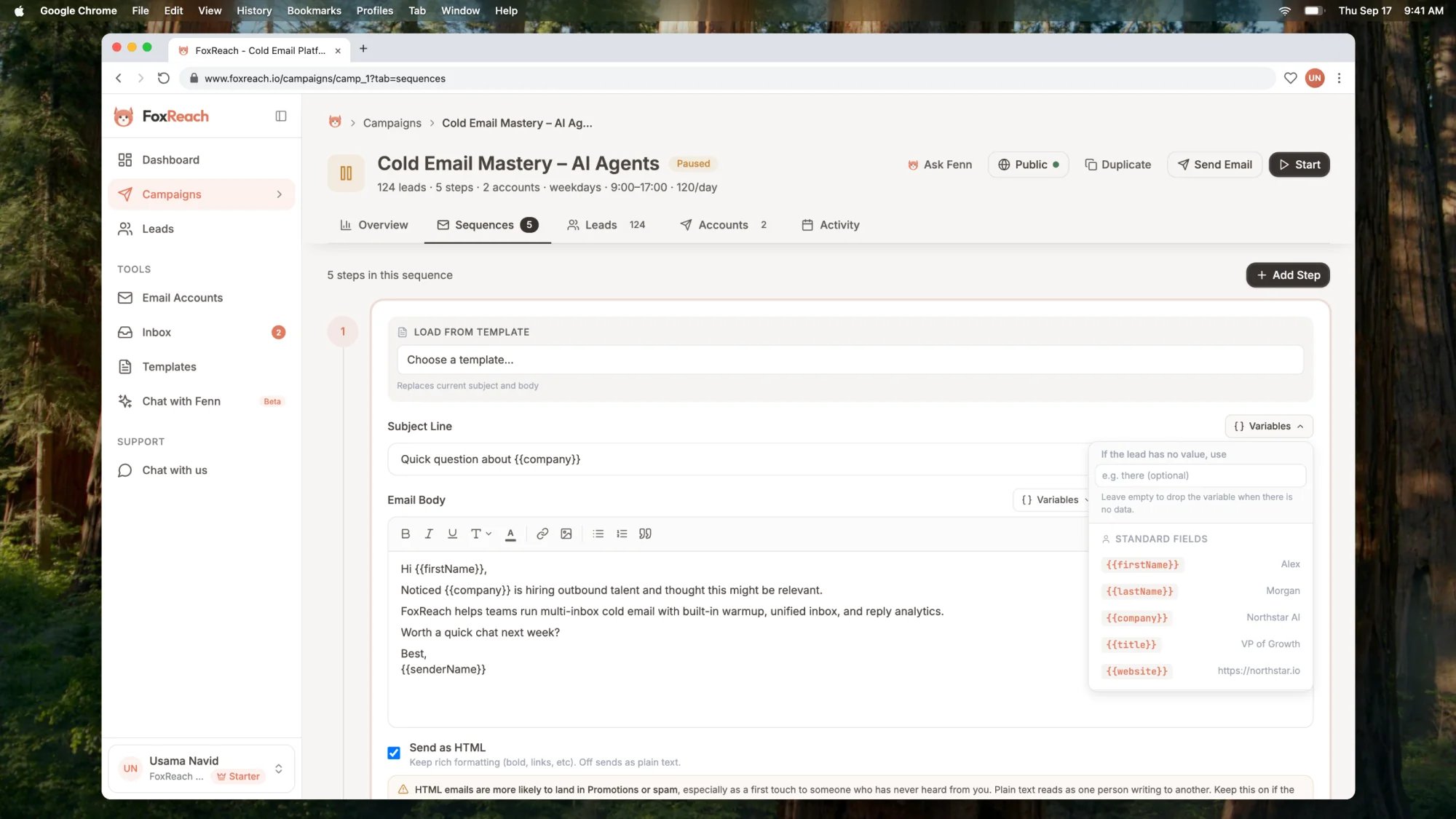 The sequence step editor with the Variables menu open above the subject line, listing standard, custom and account fields