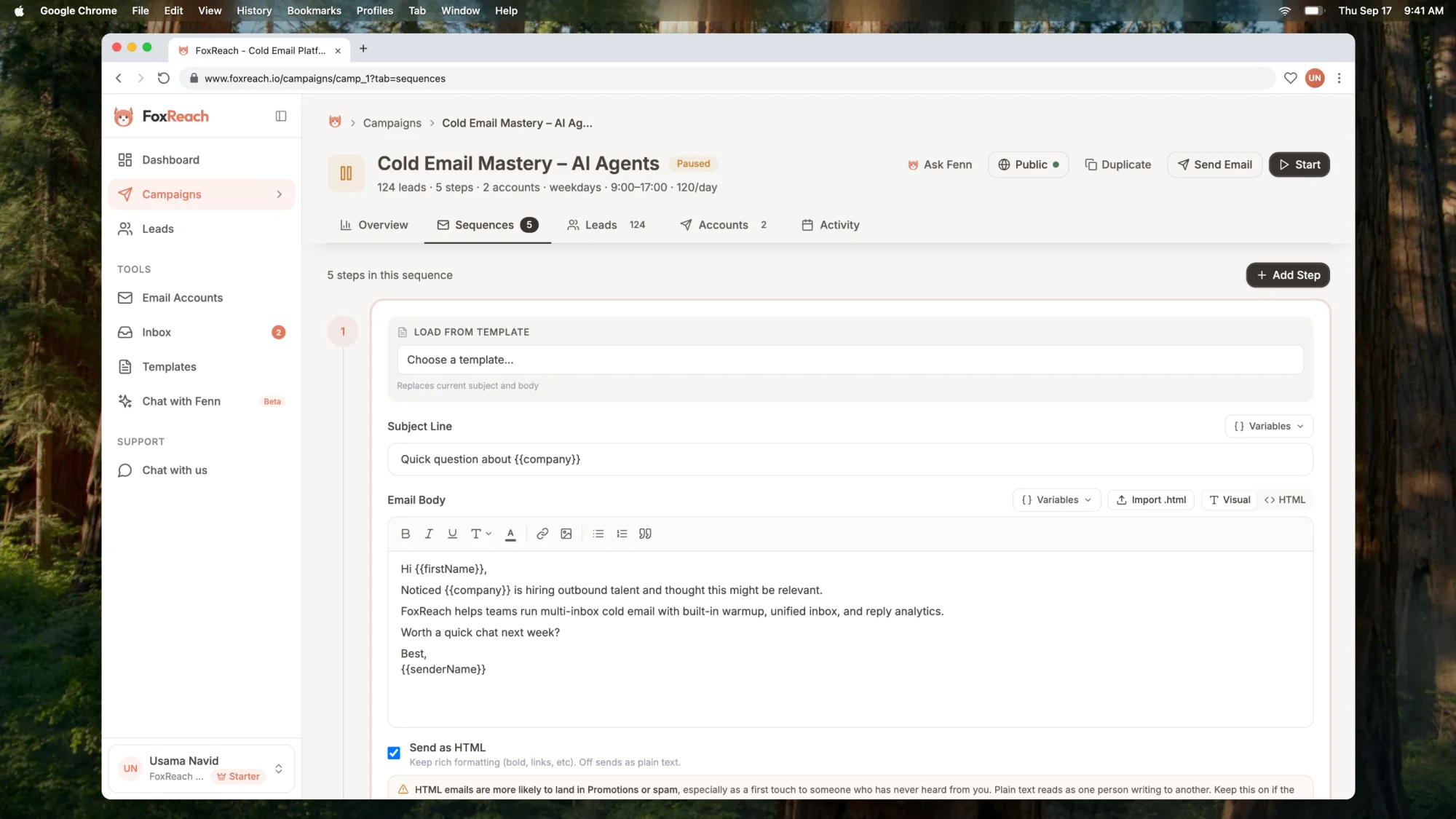 A FoxReach campaign sequence step with the Load from Template dropdown open listing the workspace's email templates