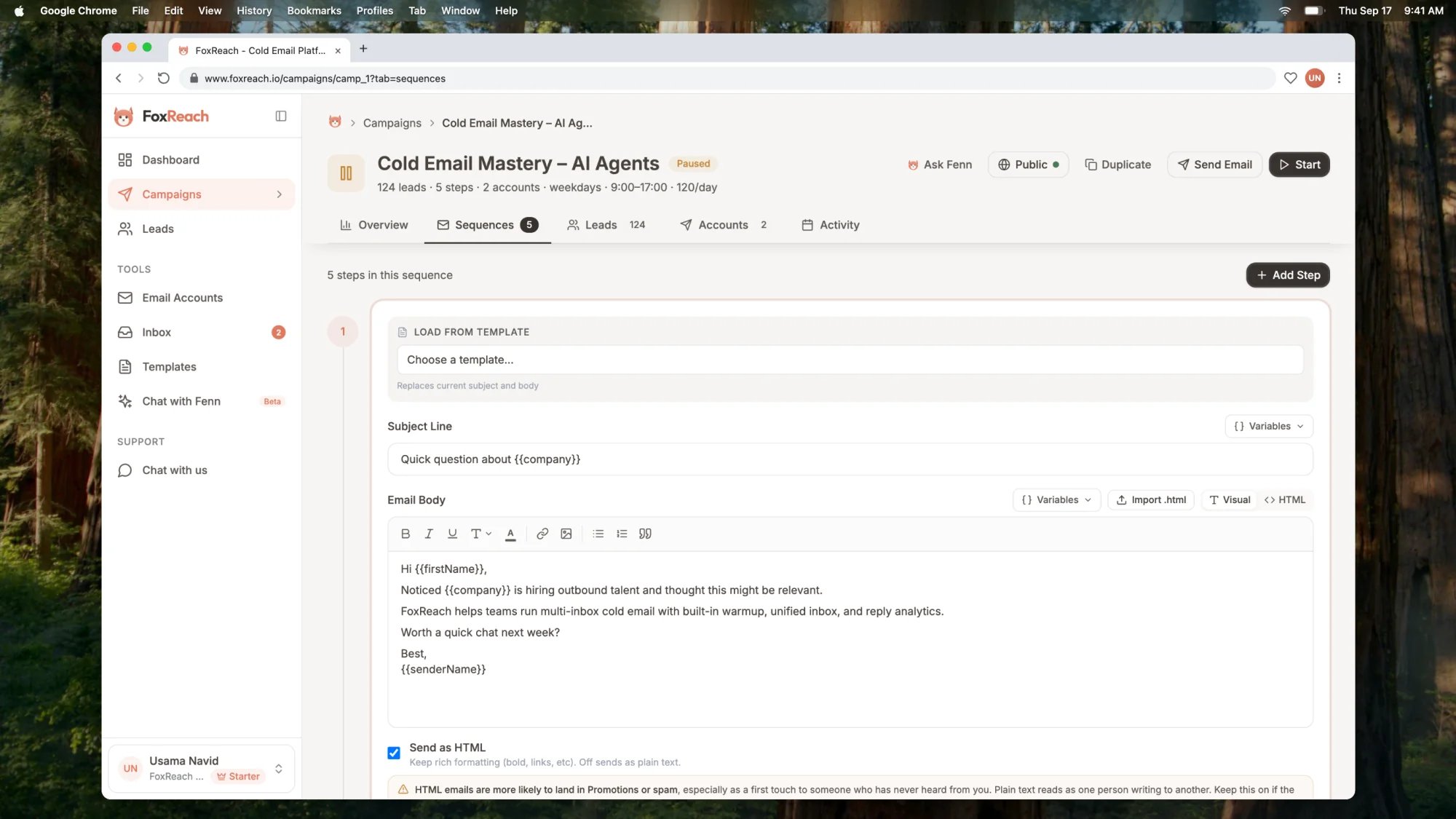 A FoxReach campaign sequence step with the Load from Template dropdown open listing the workspace's email templates