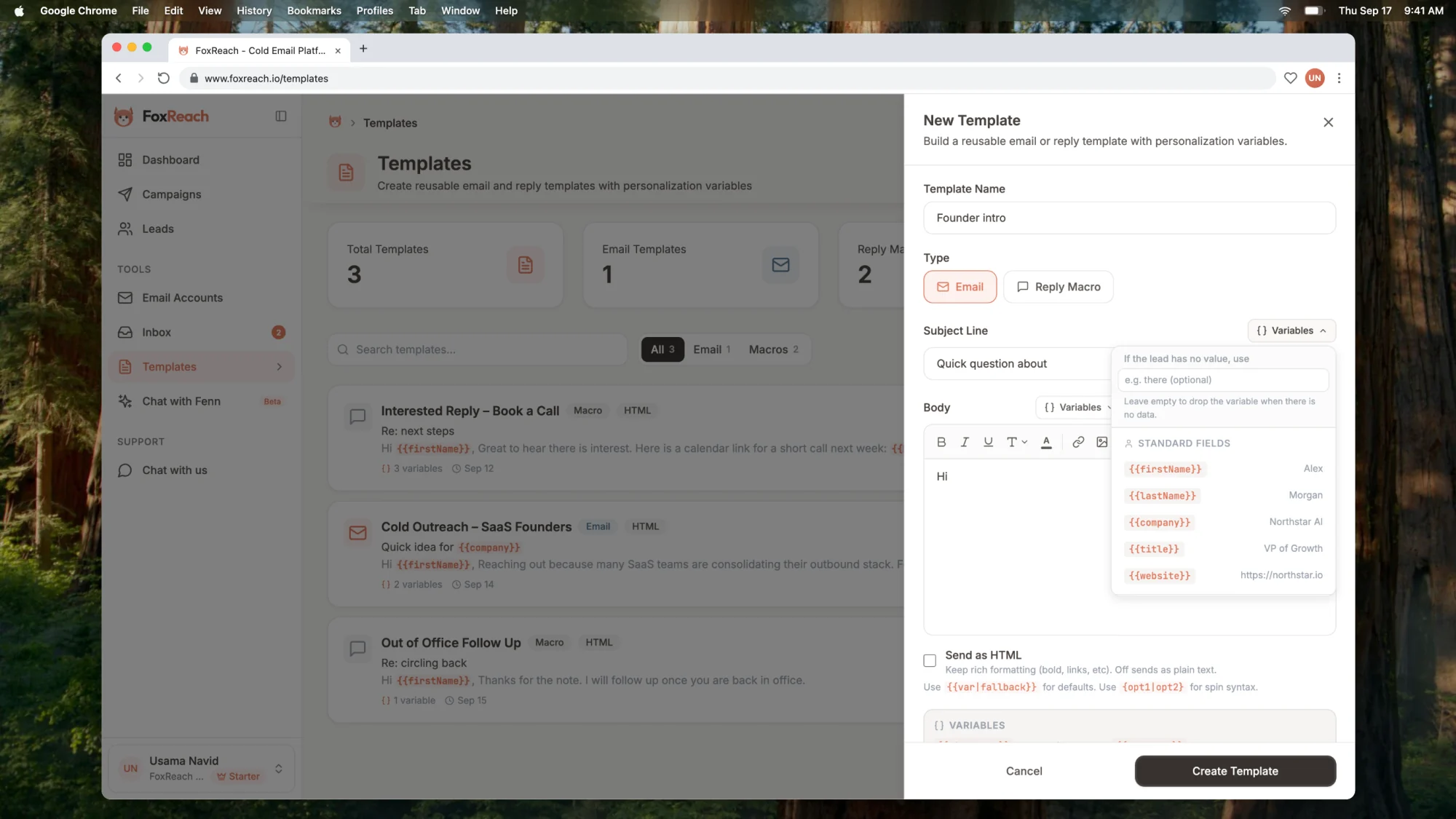 The New Template sheet in FoxReach with the name Founder intro, a subject line, the body editor, and the Variables menu open showing standard, custom, and account fields