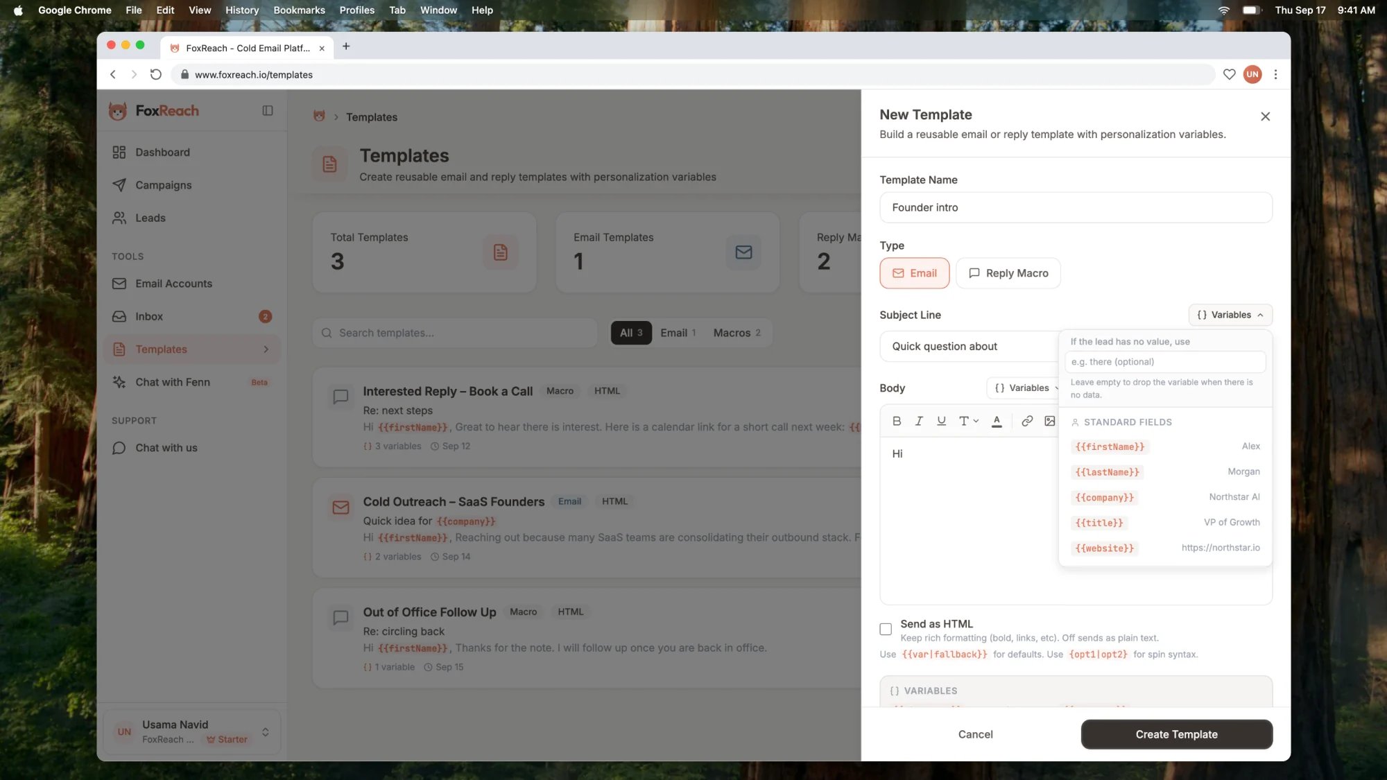 The New Template sheet in FoxReach with the name Founder intro, a subject line, the body editor, and the Variables menu open showing standard, custom, and account fields