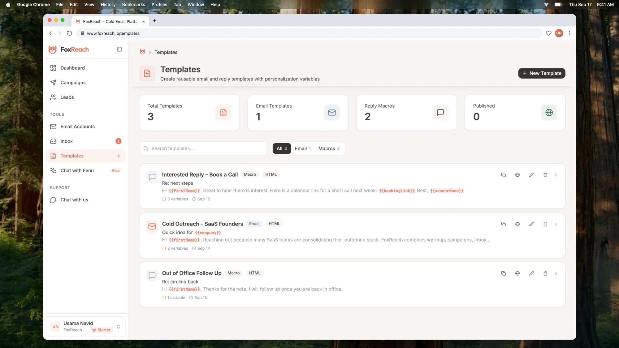 The FoxReach Templates page listing saved email templates and reply macros with type badges, variable counts, and filters