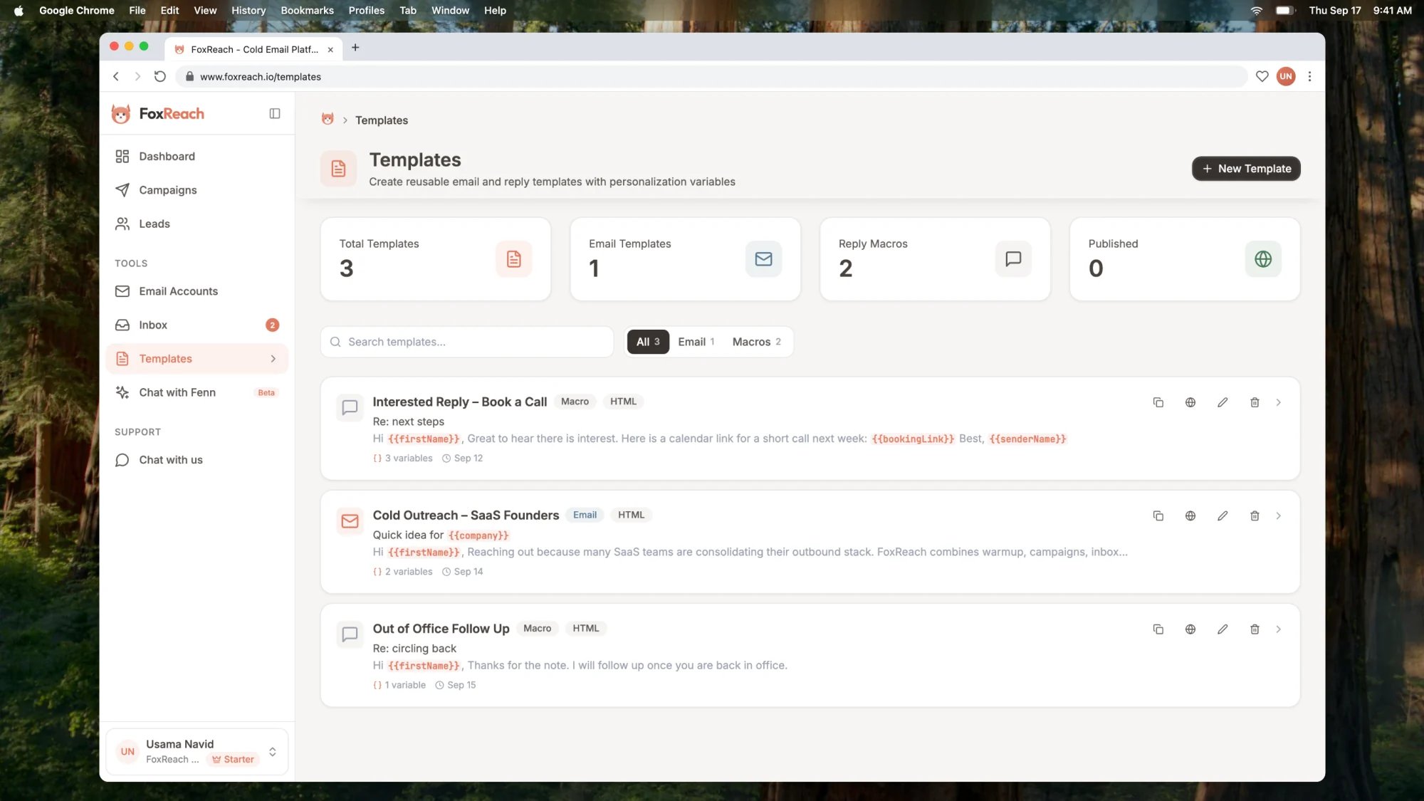 The FoxReach Templates page listing saved email templates and reply macros with type badges, variable counts, and filters