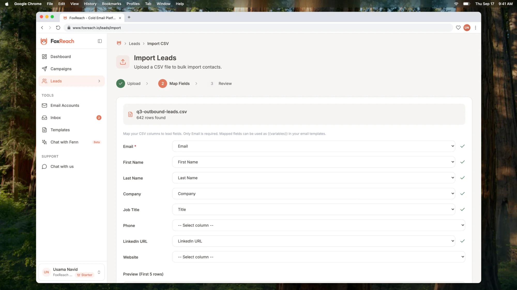 The Import Leads wizard after uploading a CSV, with the auto-mapped columns and the five-row preview table