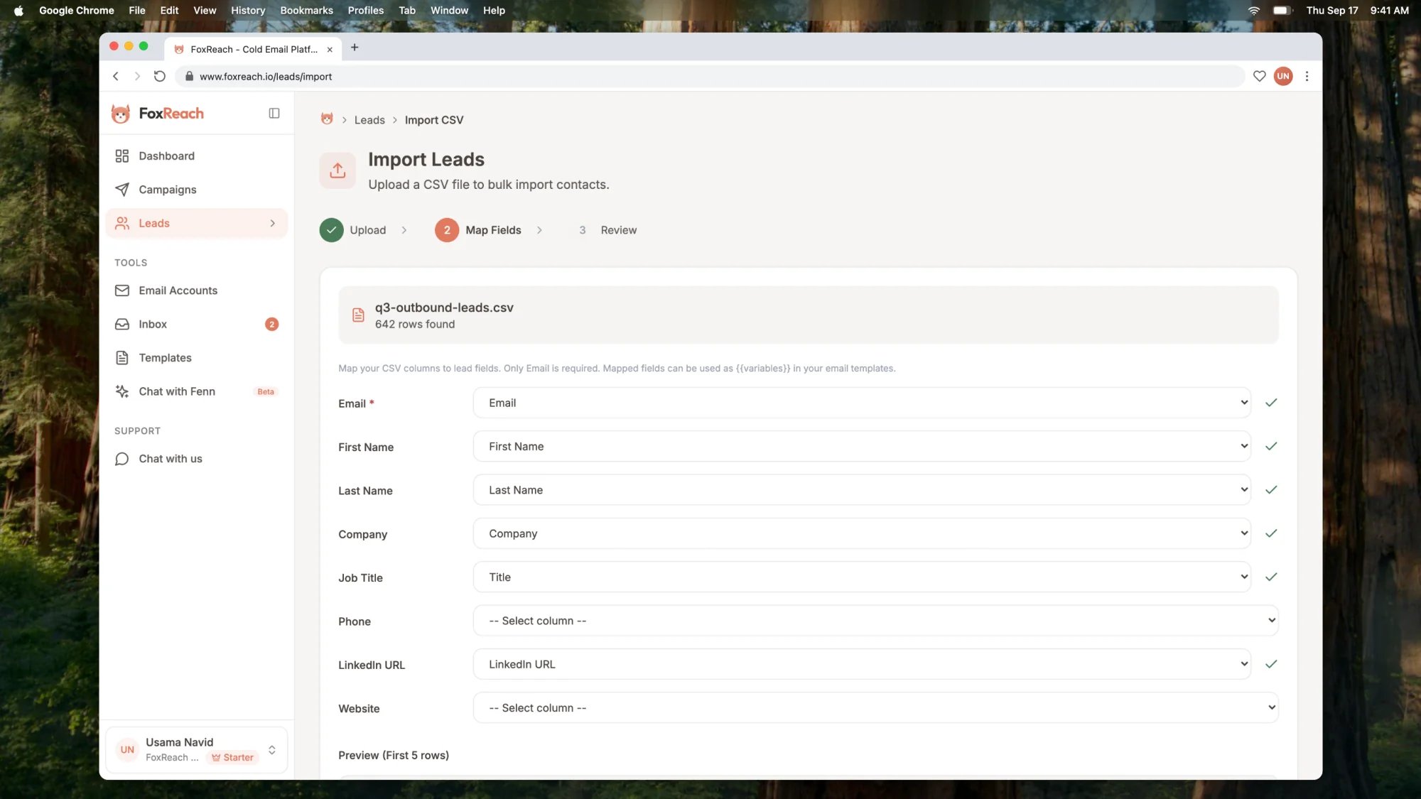 The Import Leads wizard after uploading a CSV, with the auto-mapped columns and the five-row preview table