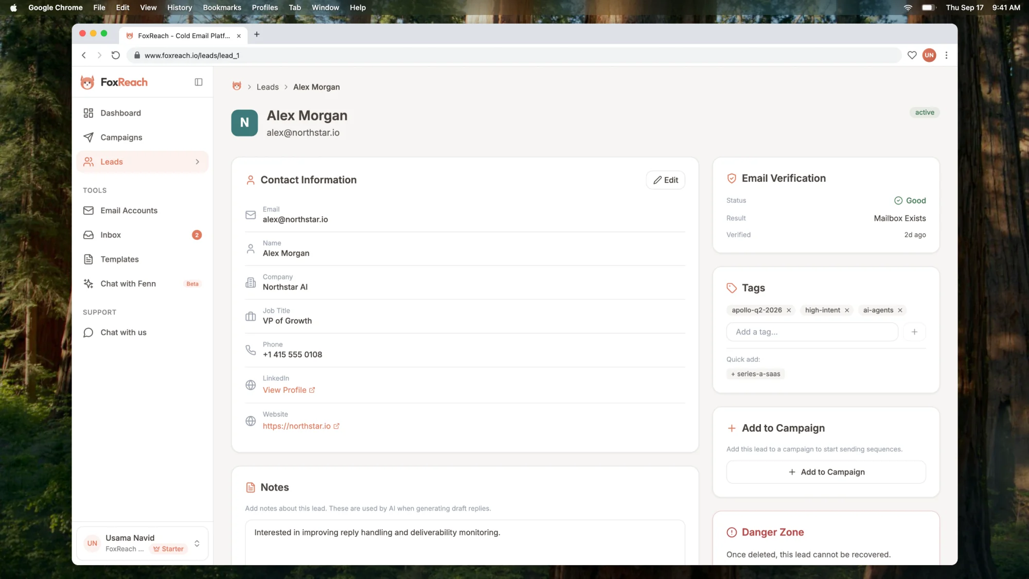 The lead page for Alex Morgan at Northstar AI, showing contact fields, custom fields, tags, and the activity timeline