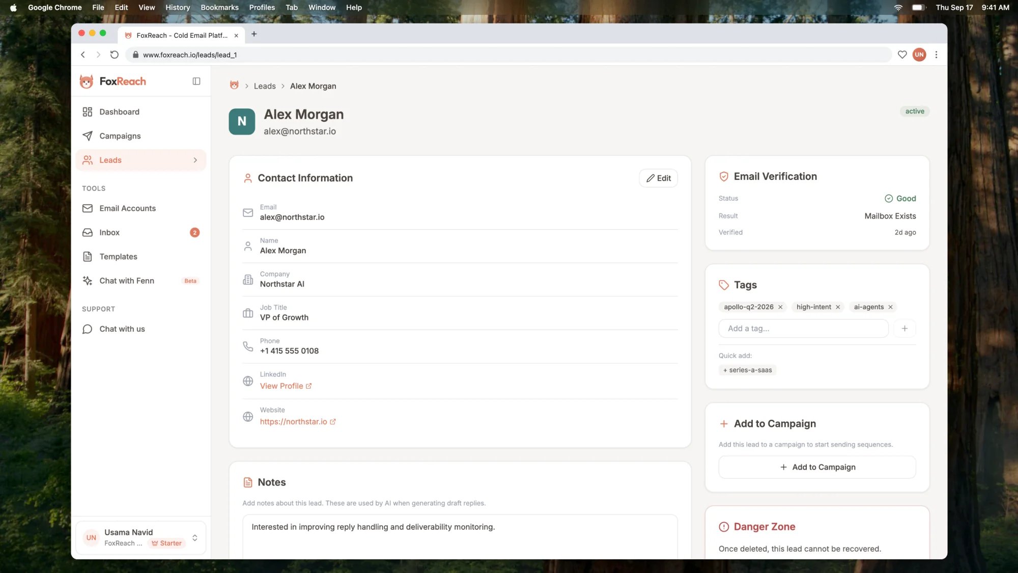 The lead page for Alex Morgan at Northstar AI, showing contact fields, custom fields, tags, and the activity timeline