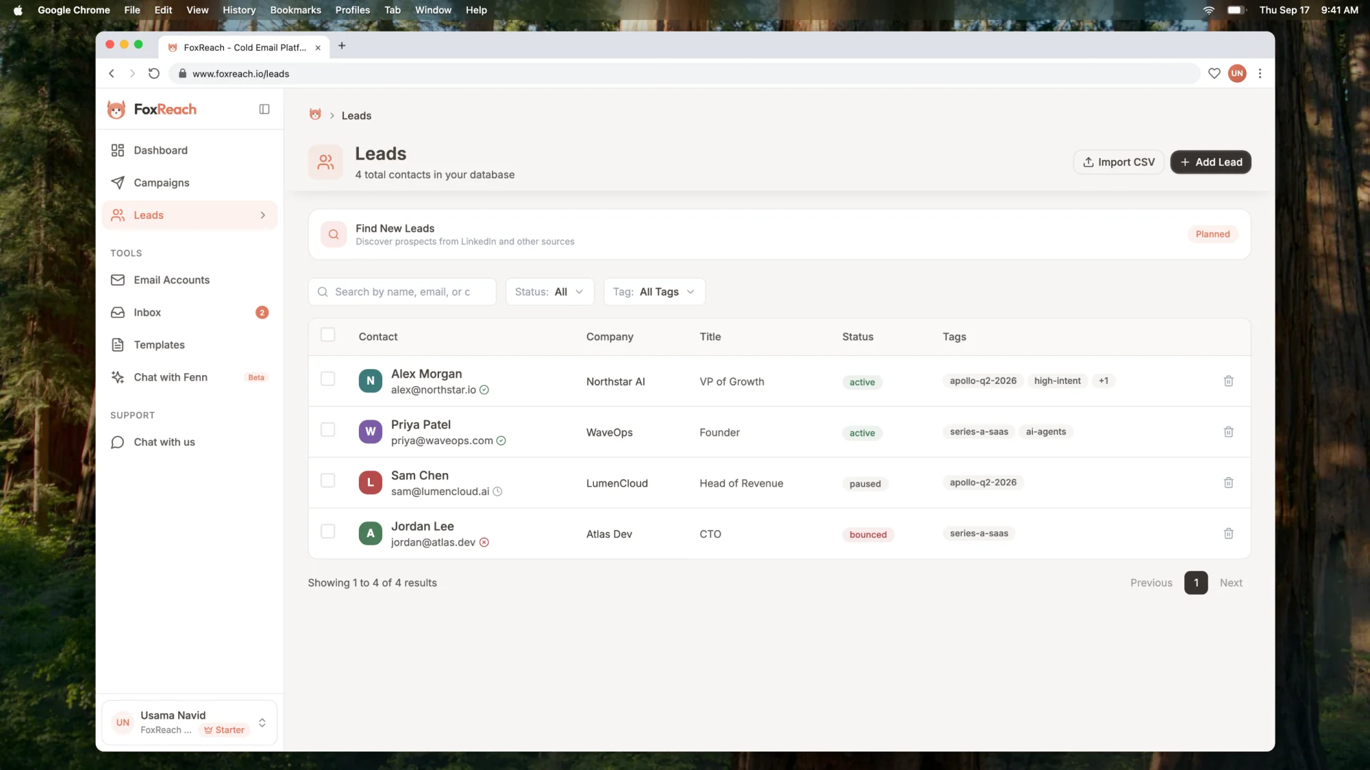 The FoxReach Leads page showing the contact table with tags, verification icons, and the search and filter toolbar
