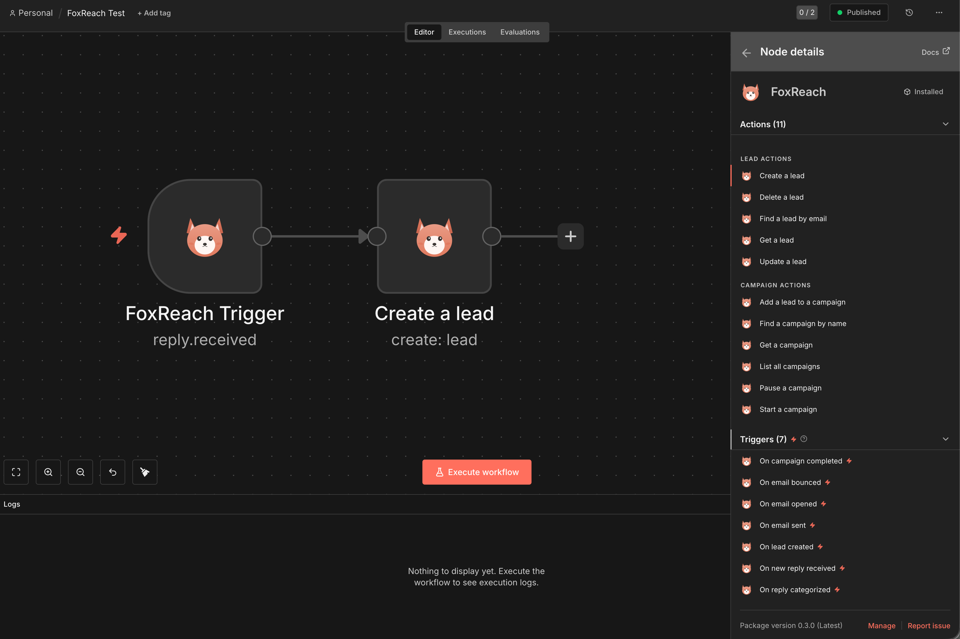 FoxReach node in n8n showing the available actions and triggers