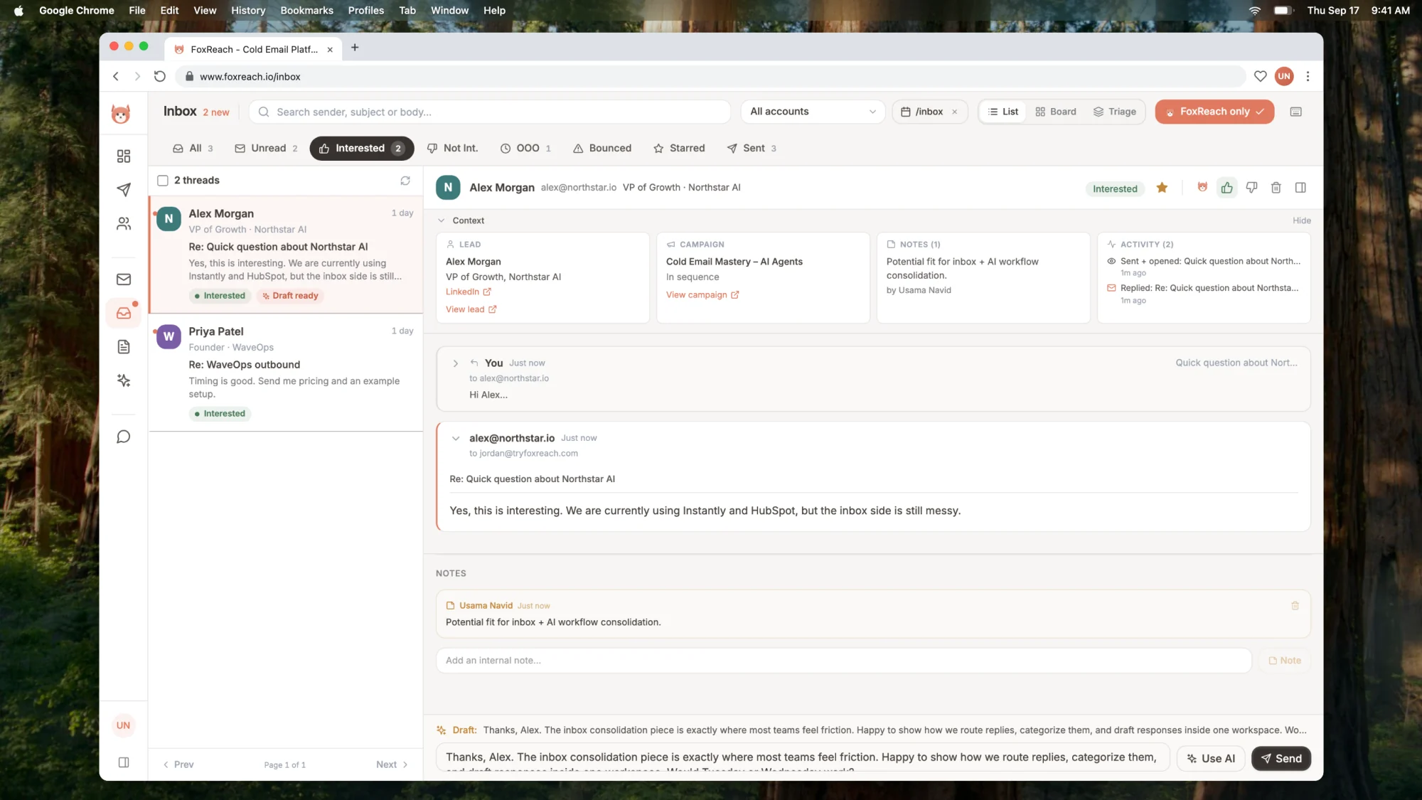 The reply composer with the AI draft loaded after clicking Use AI, ready to edit or send.