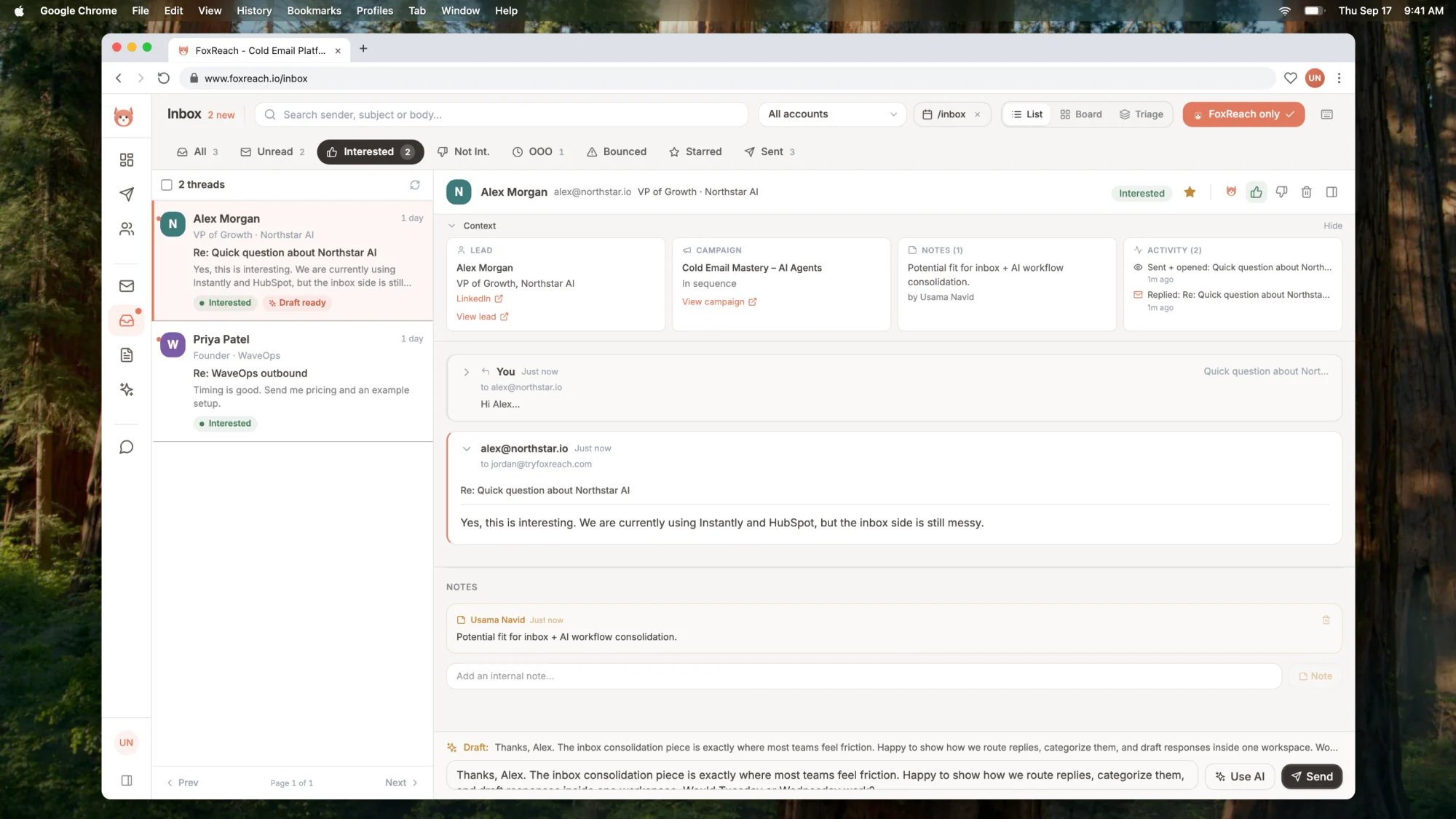 The reply composer with the AI draft loaded after clicking Use AI, ready to edit or send.