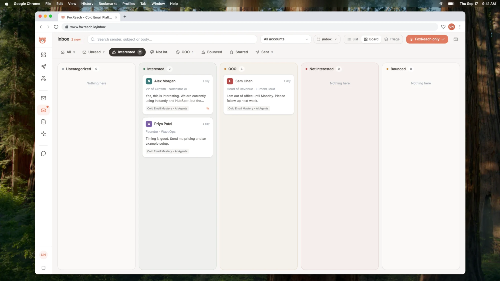 The Board view groups replies into Uncategorized, Interested, OOO, Not Interested, and Bounced columns.