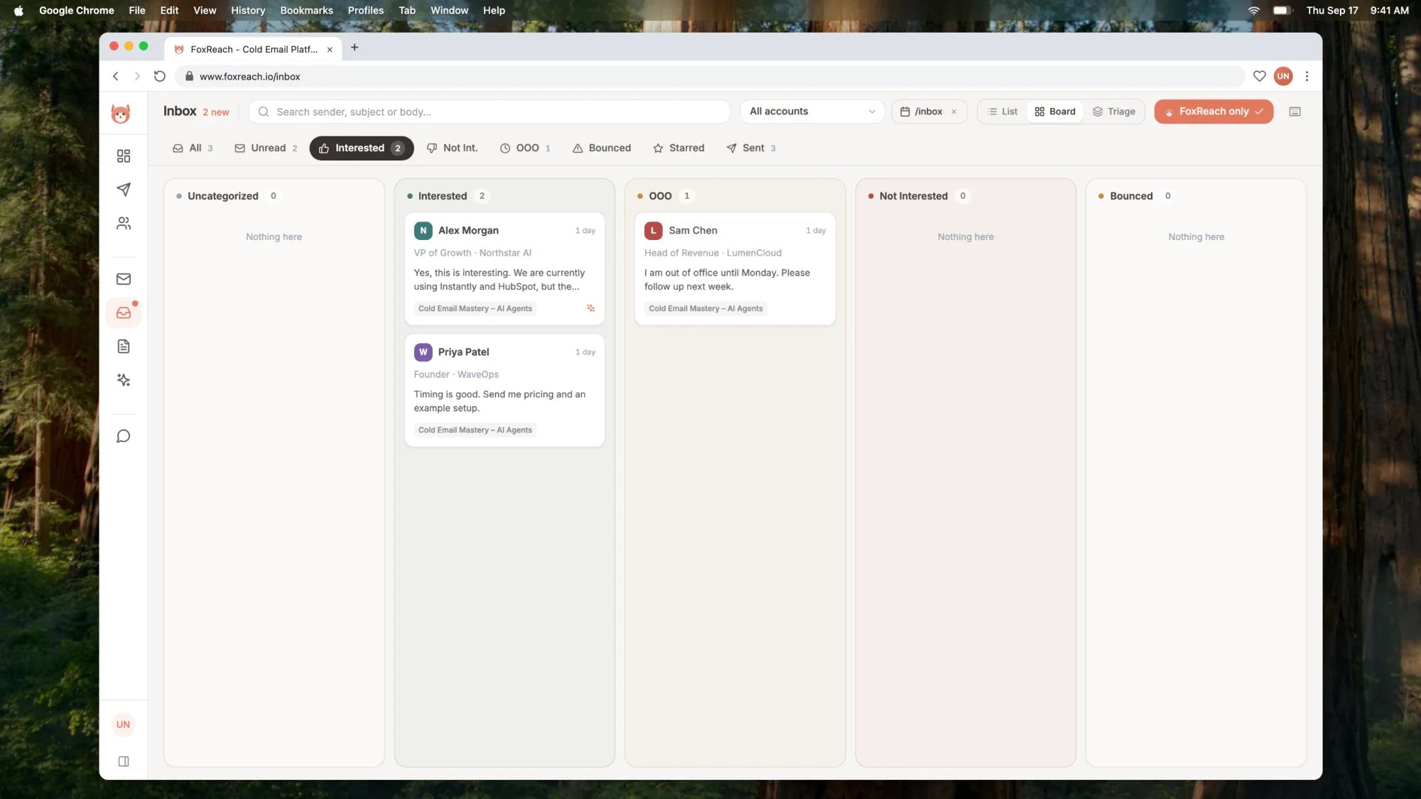 The Board view groups replies into Uncategorized, Interested, OOO, Not Interested, and Bounced columns.