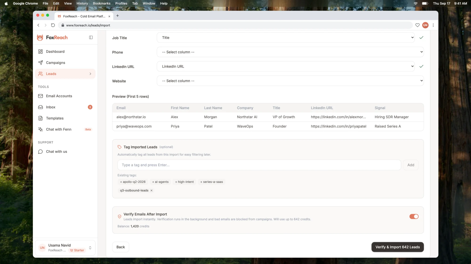 The Import Leads wizard on the Map Fields stage with the Verify Emails After Import switch turned on