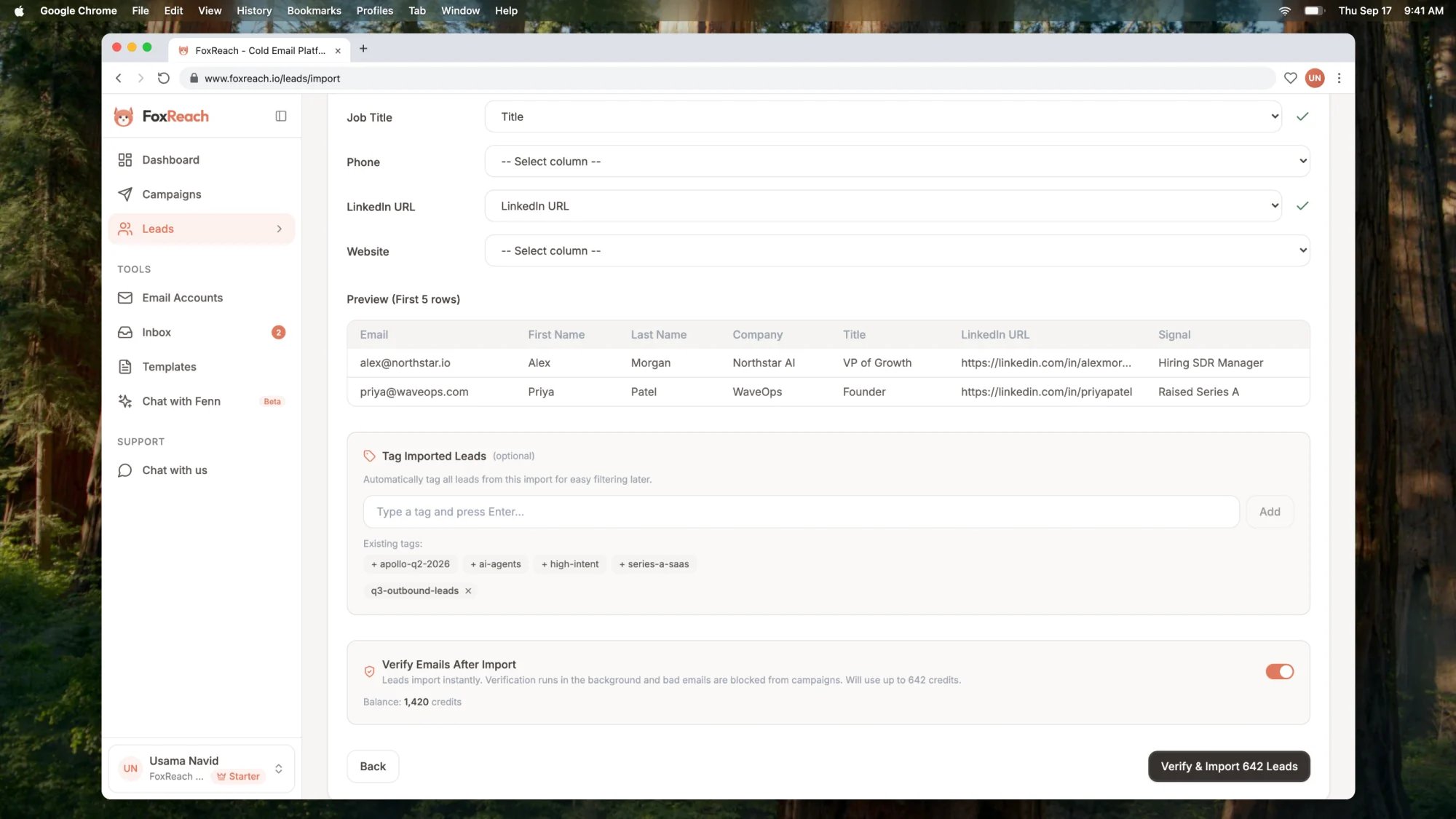 The Import Leads wizard on the Map Fields stage with the Verify Emails After Import switch turned on