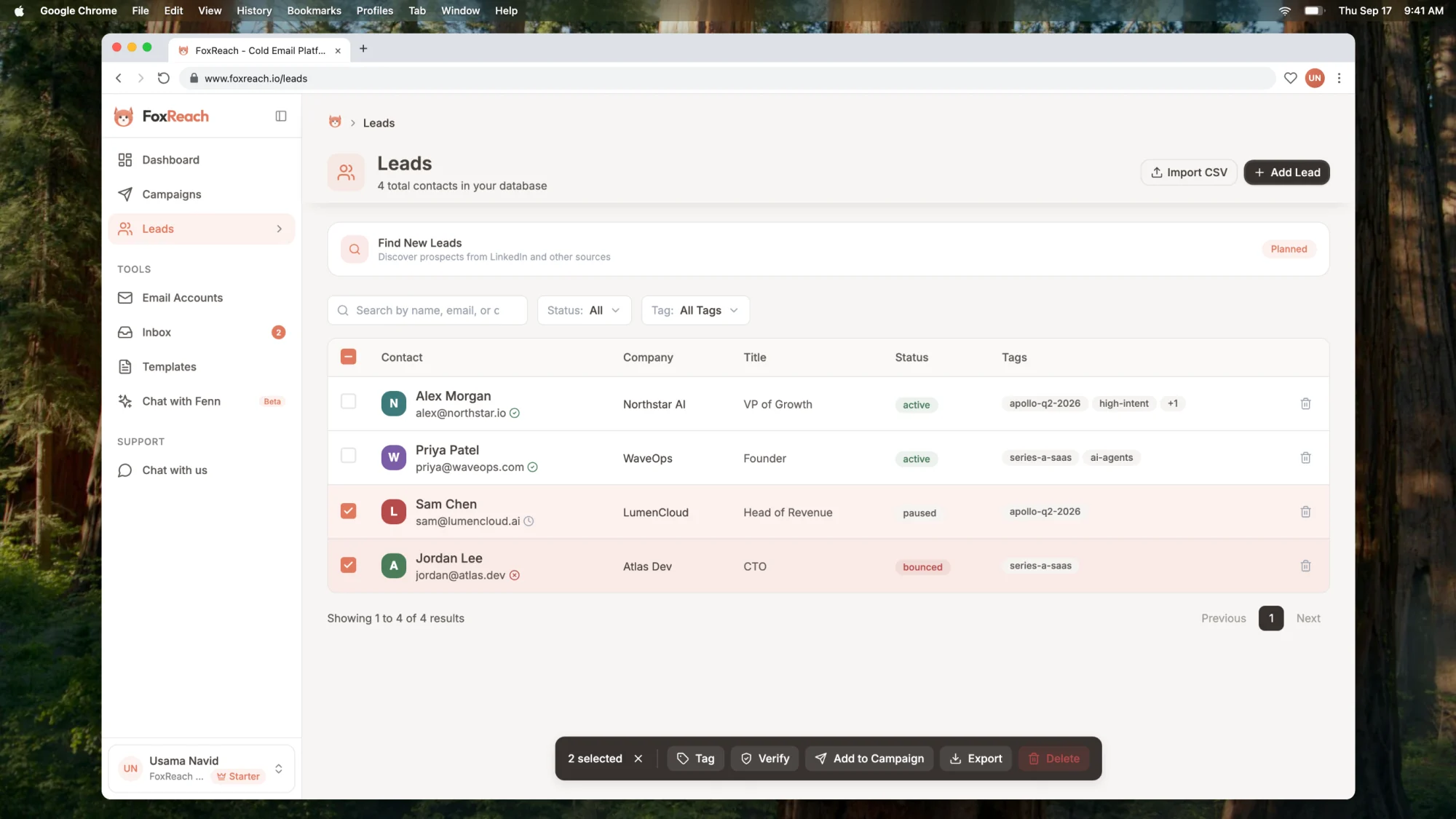 Two unverified leads selected on the Leads page with the Verify button showing in the bulk toolbar