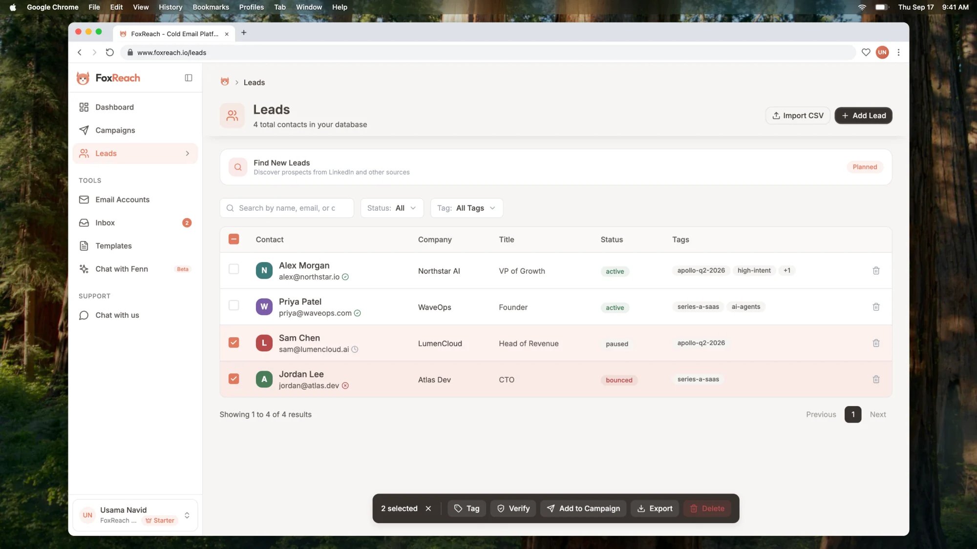 Two unverified leads selected on the Leads page with the Verify button showing in the bulk toolbar