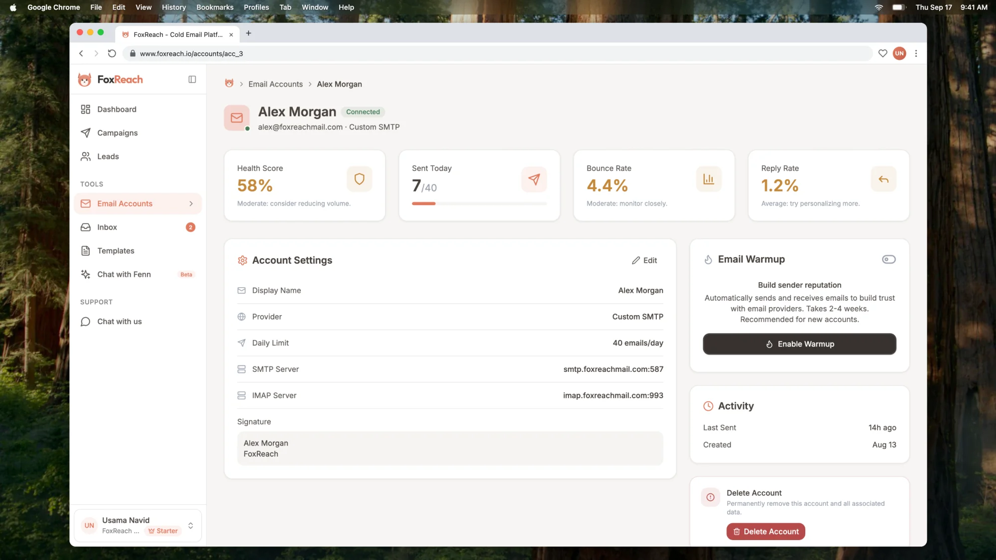 The account page for alex@foxreachmail.com, a freshly connected inbox, with the Build sender reputation panel and the Enable Warmup button on the Email Warmup card